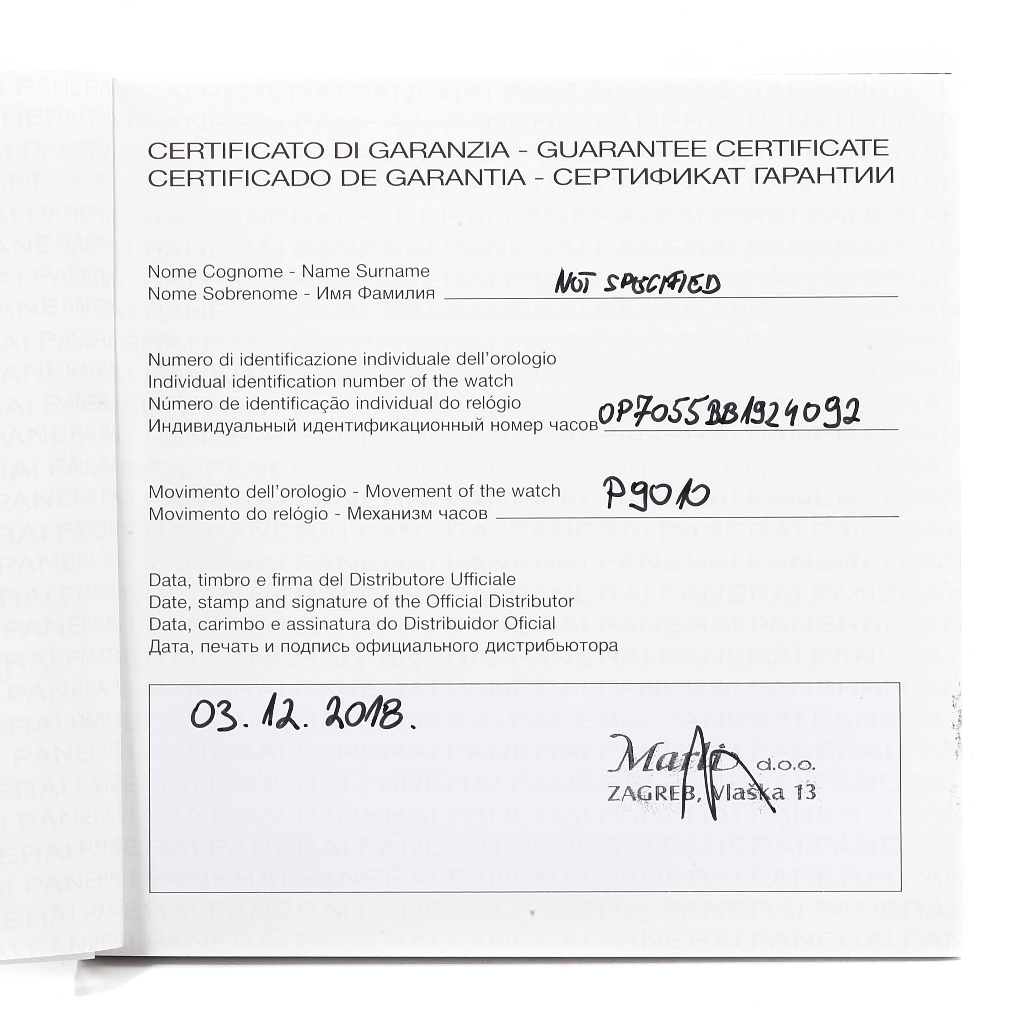 This image shows the guarantee certificate for the Panerai Luminor PAM01392 Men
s Stainless Steel Black Dial PAM01392 Men
s Stainless Steel Black Dial watch model, displaying identification and movement details.