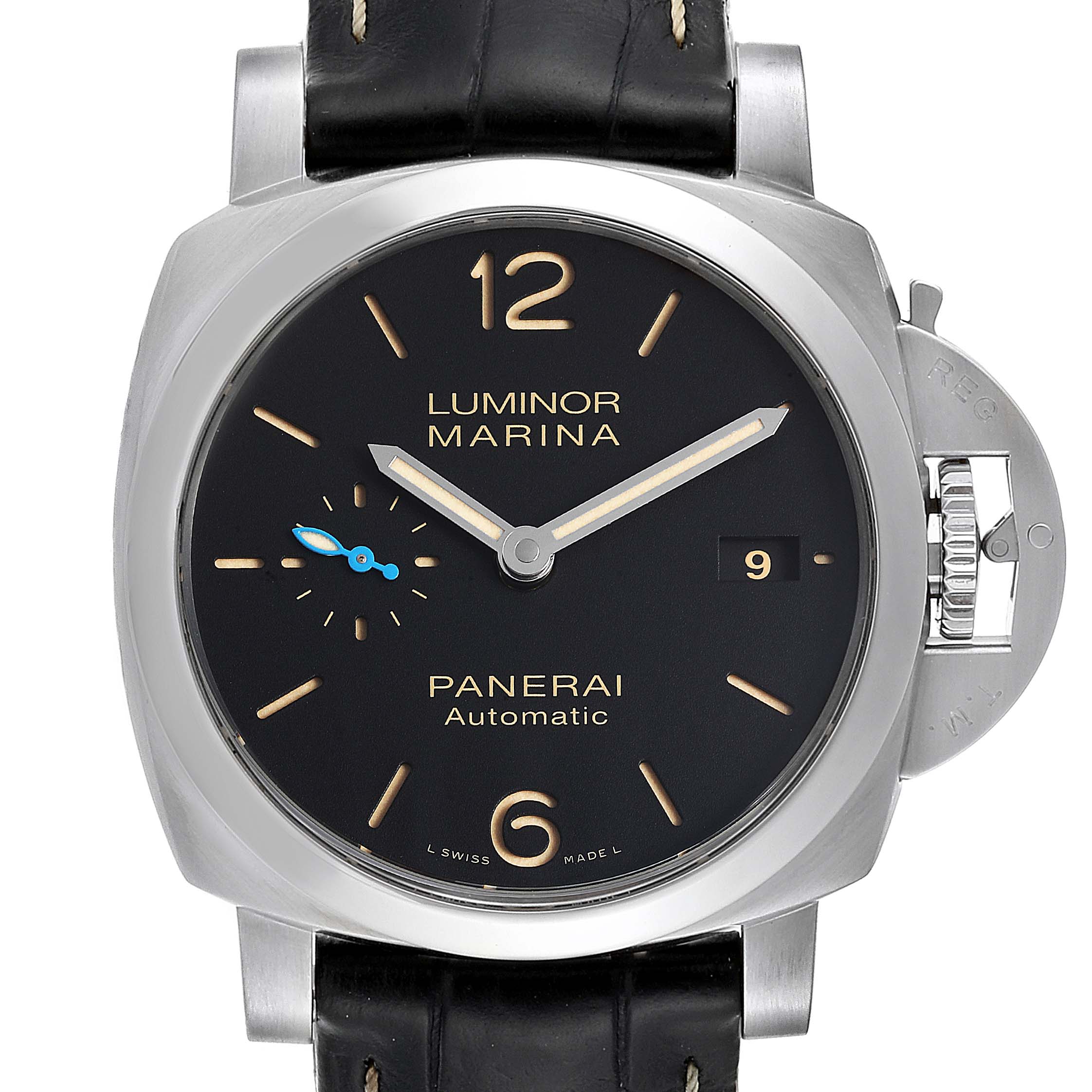 This image shows a front view of the Luminor Marina model by Panerai, highlighting its dial, crown guard, and strap.