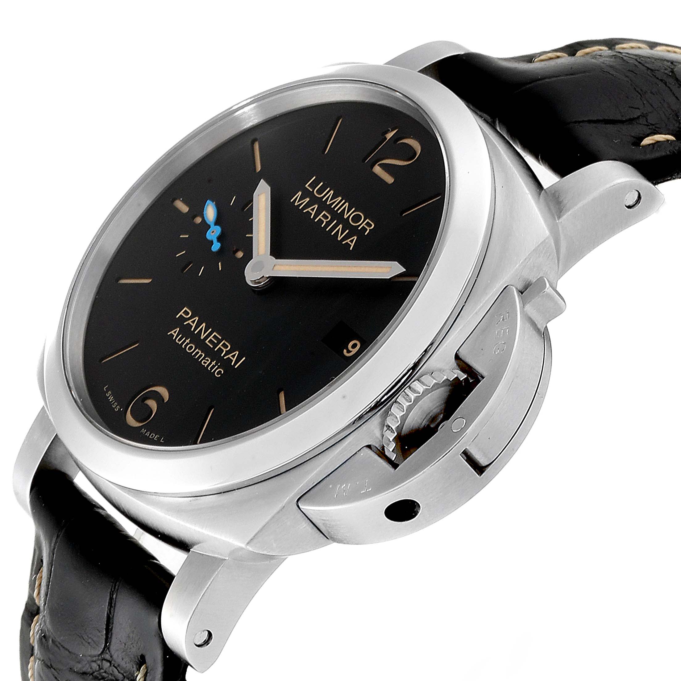 The image shows an angled view of a Panerai Luminor PAM01392 Men
s Stainless Steel Black Dial PAM01392 Men
s Stainless Steel Black Dial model watch, highlighting the dial, crown guard, and leather strap.