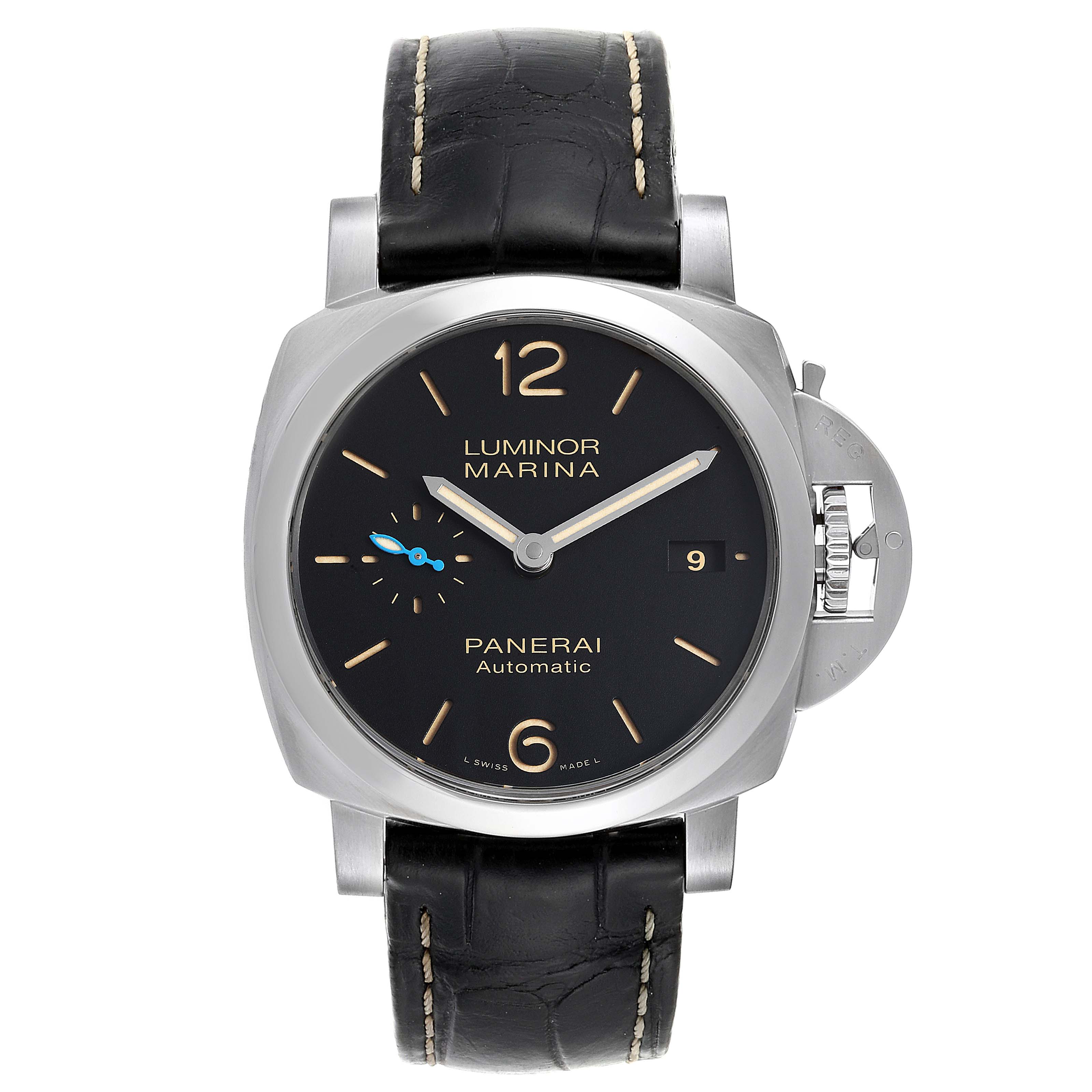 The image shows a front view of the Panerai Luminor PAM01392 Men
s Stainless Steel Black Dial PAM01392 Men
s Stainless Steel Black Dial Marina watch, highlighting its black dial, date window, and leather strap.