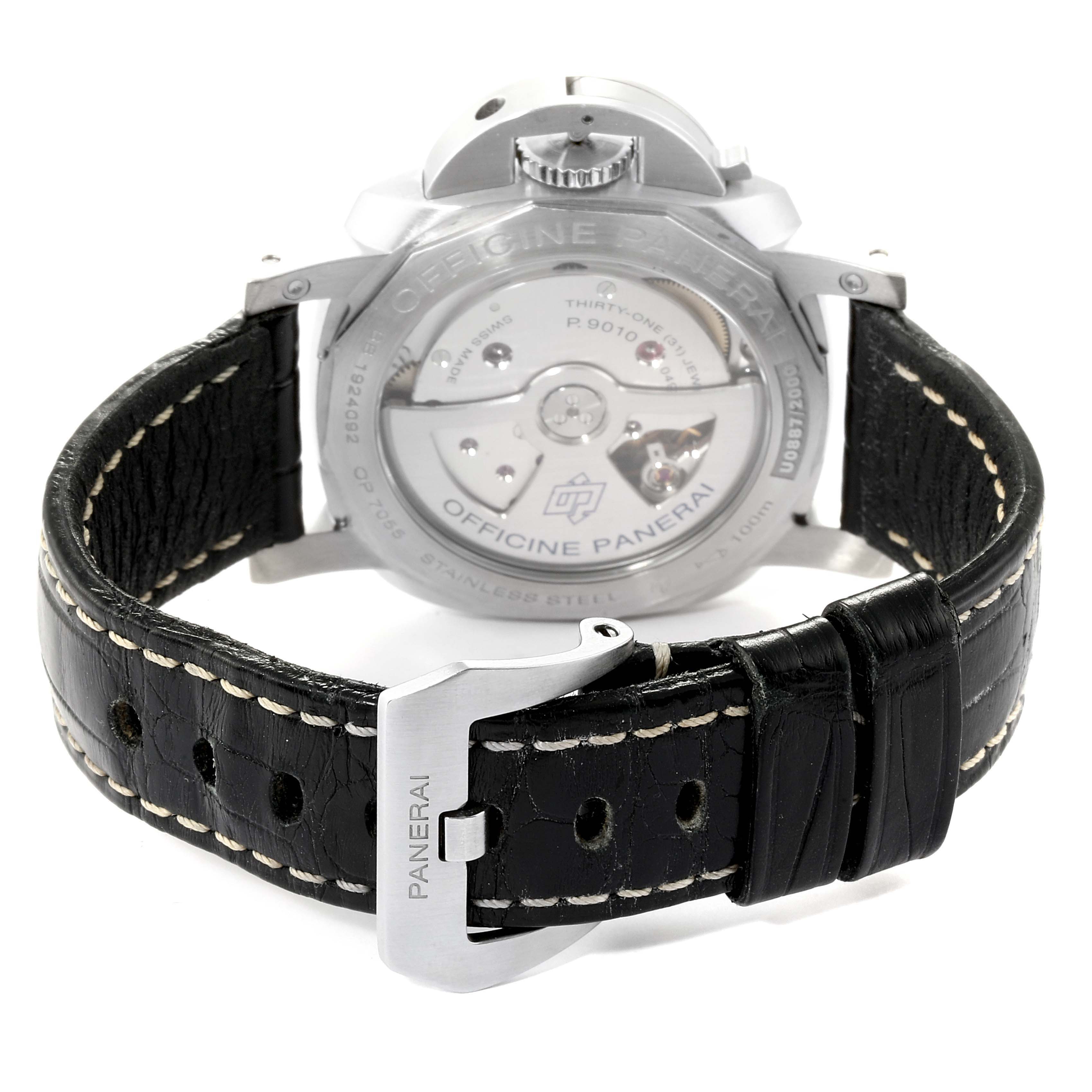 This image of the Panerai Luminor PAM01392 Men
s Stainless Steel Black Dial PAM01392 Men
s Stainless Steel Black Dial watch is taken from the rear, showing the case back and black leather strap.