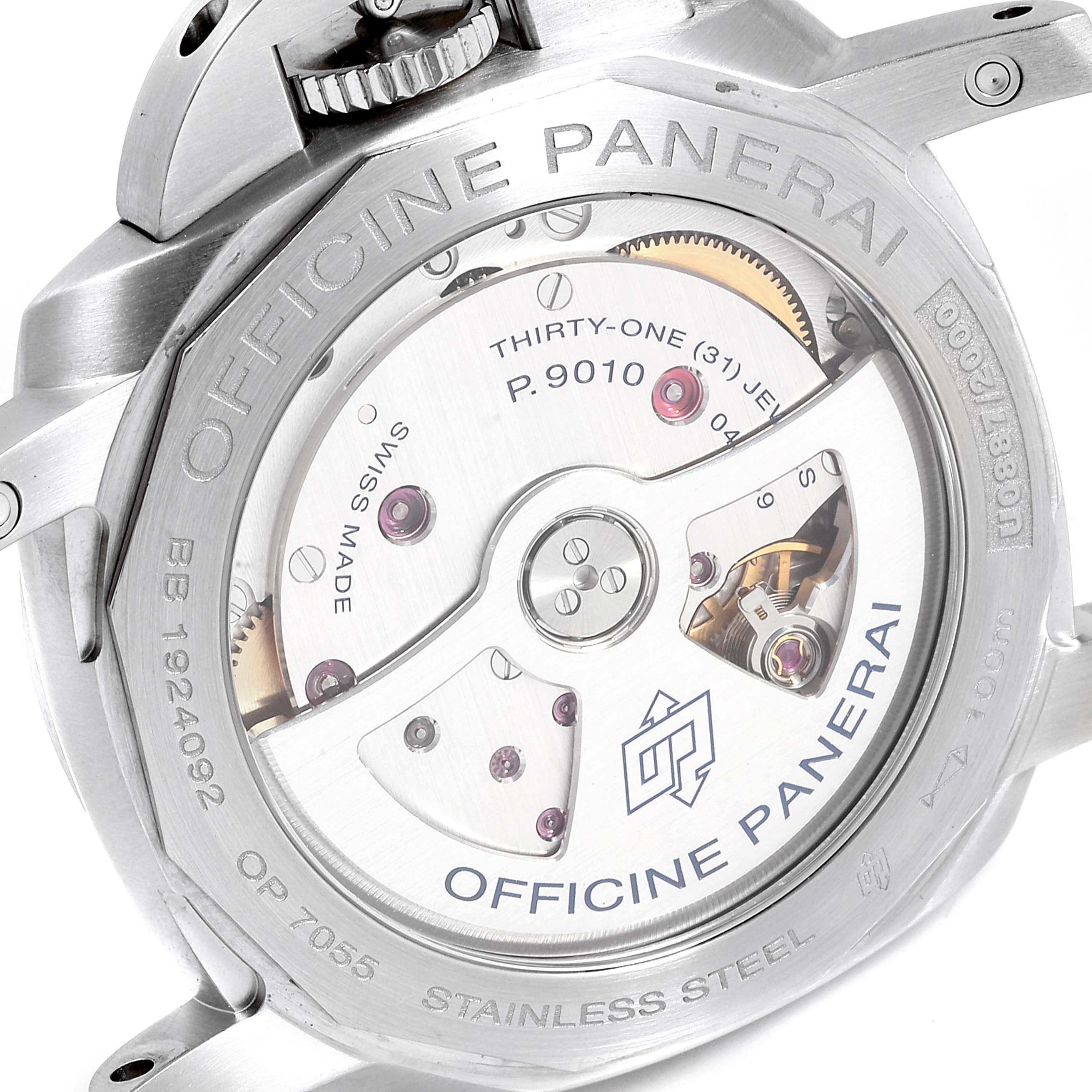 This image shows the back view of a Panerai Luminor PAM01392 Men
s Stainless Steel Black Dial PAM01392 Men
s Stainless Steel Black Dial watch, highlighting its movement and internal mechanism.