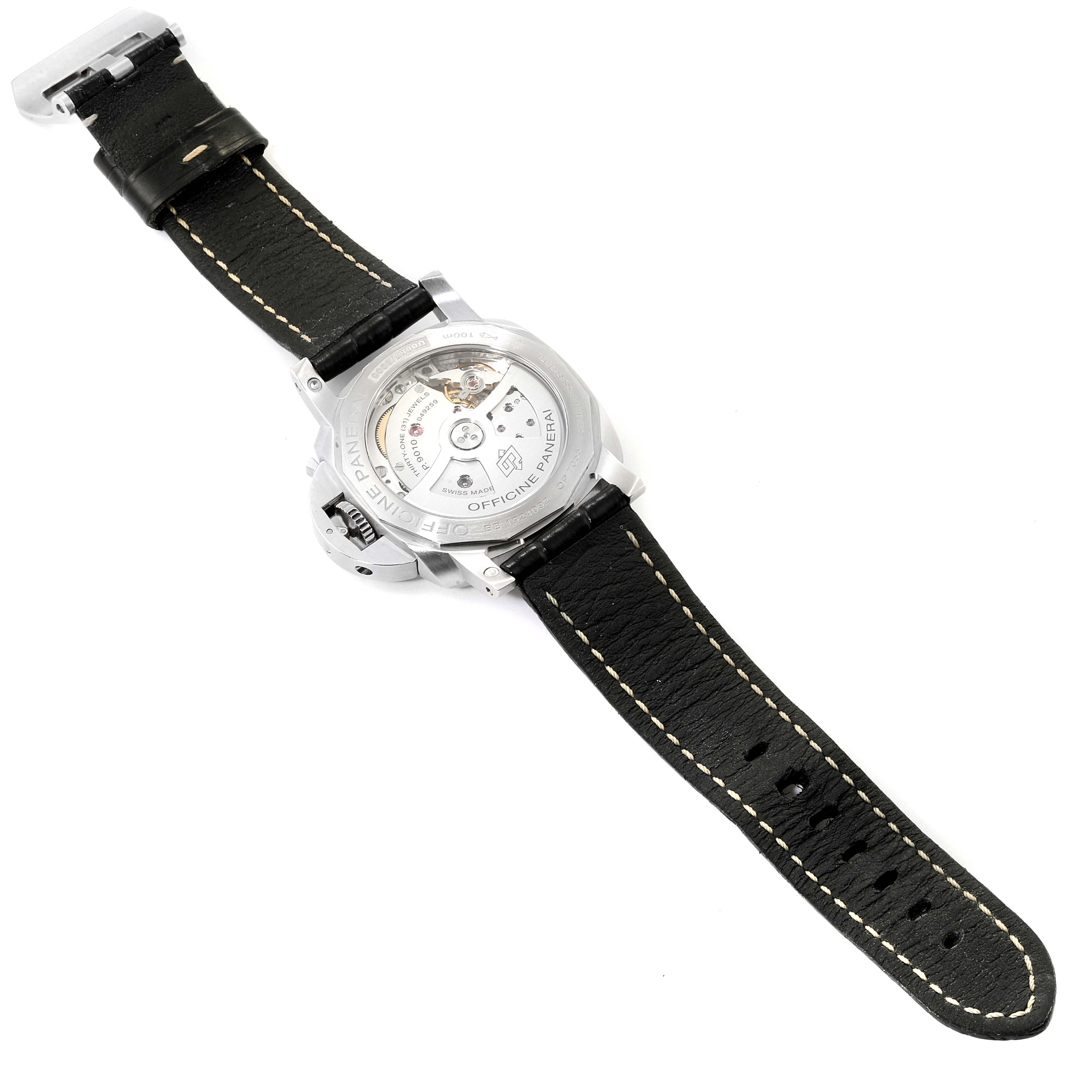 The image shows the back view of a Panerai Luminor PAM01392 Men
s Stainless Steel Black Dial PAM01392 Men
s Stainless Steel Black Dial watch, displaying the movement and the leather strap.