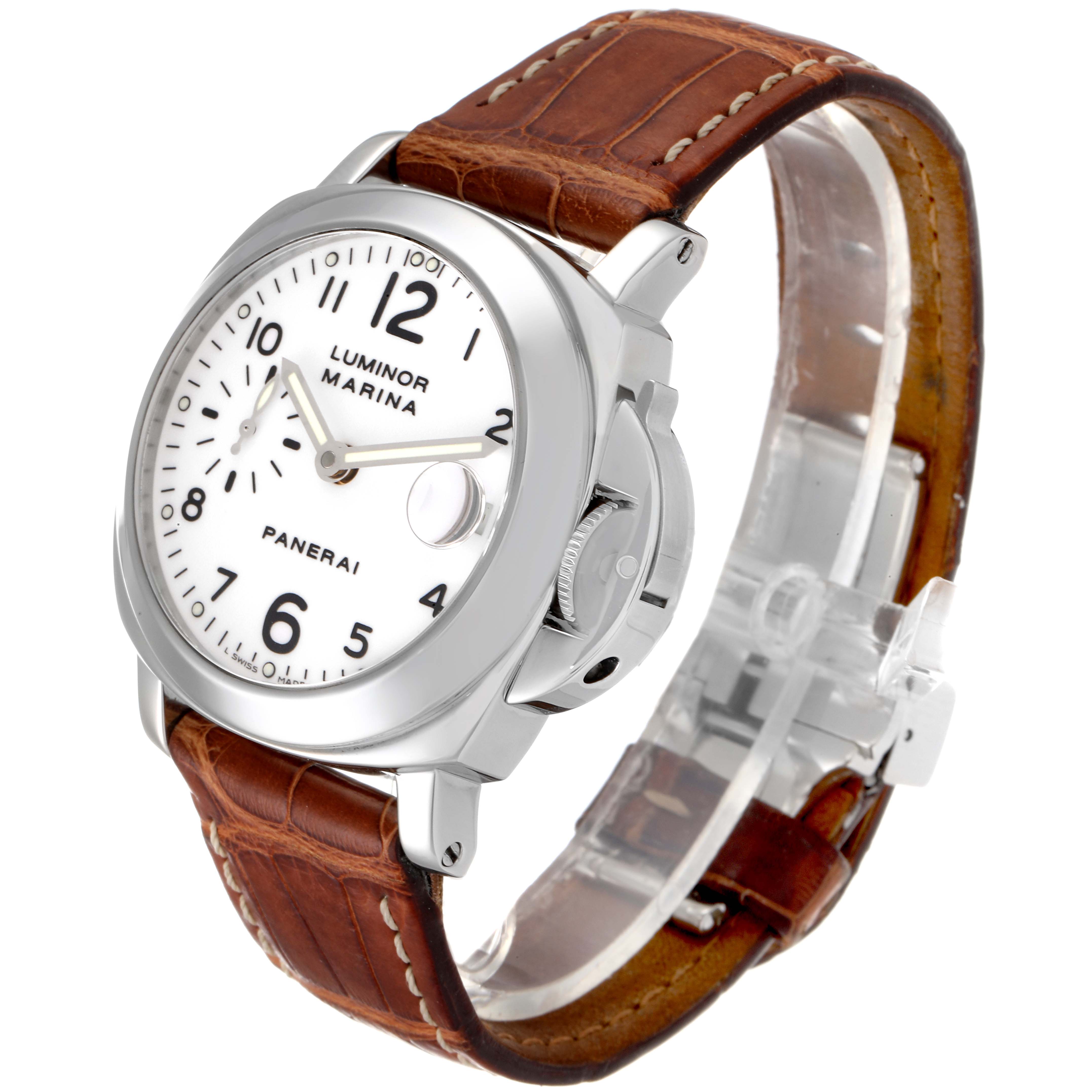 The image shows a Panerai Luminor PAM00049 Men
s Stainless Steel White Dial PAM00049 Men
s Stainless Steel White Dial watch from a front angle, highlighting its white dial, brown leather strap, and crown guard.