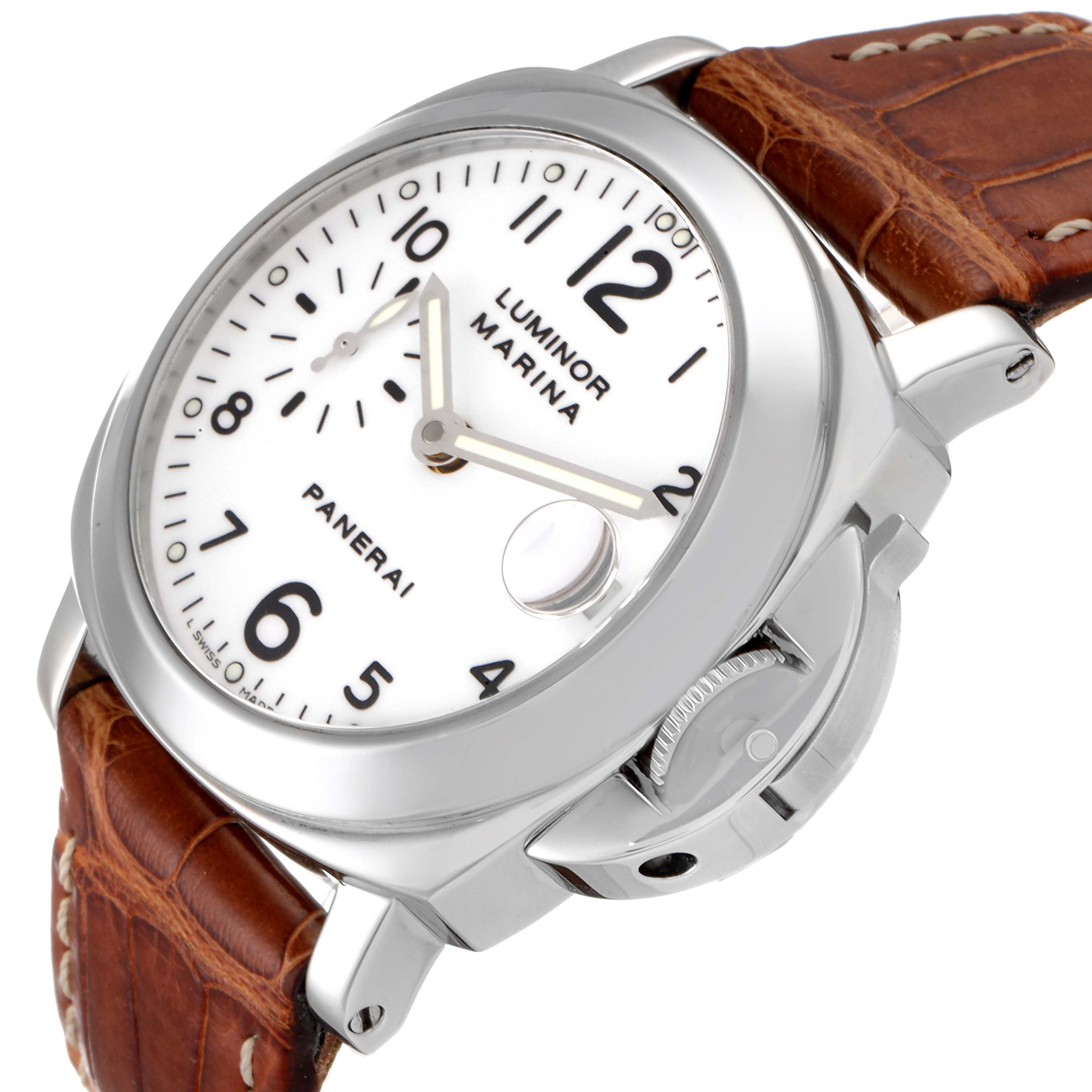 This image shows a Panerai Luminor PAM00049 Men
s Stainless Steel White Dial PAM00049 Men
s Stainless Steel White Dial Marina watch at a slight angle, highlighting its white dial, brown leather strap, and crown guard.