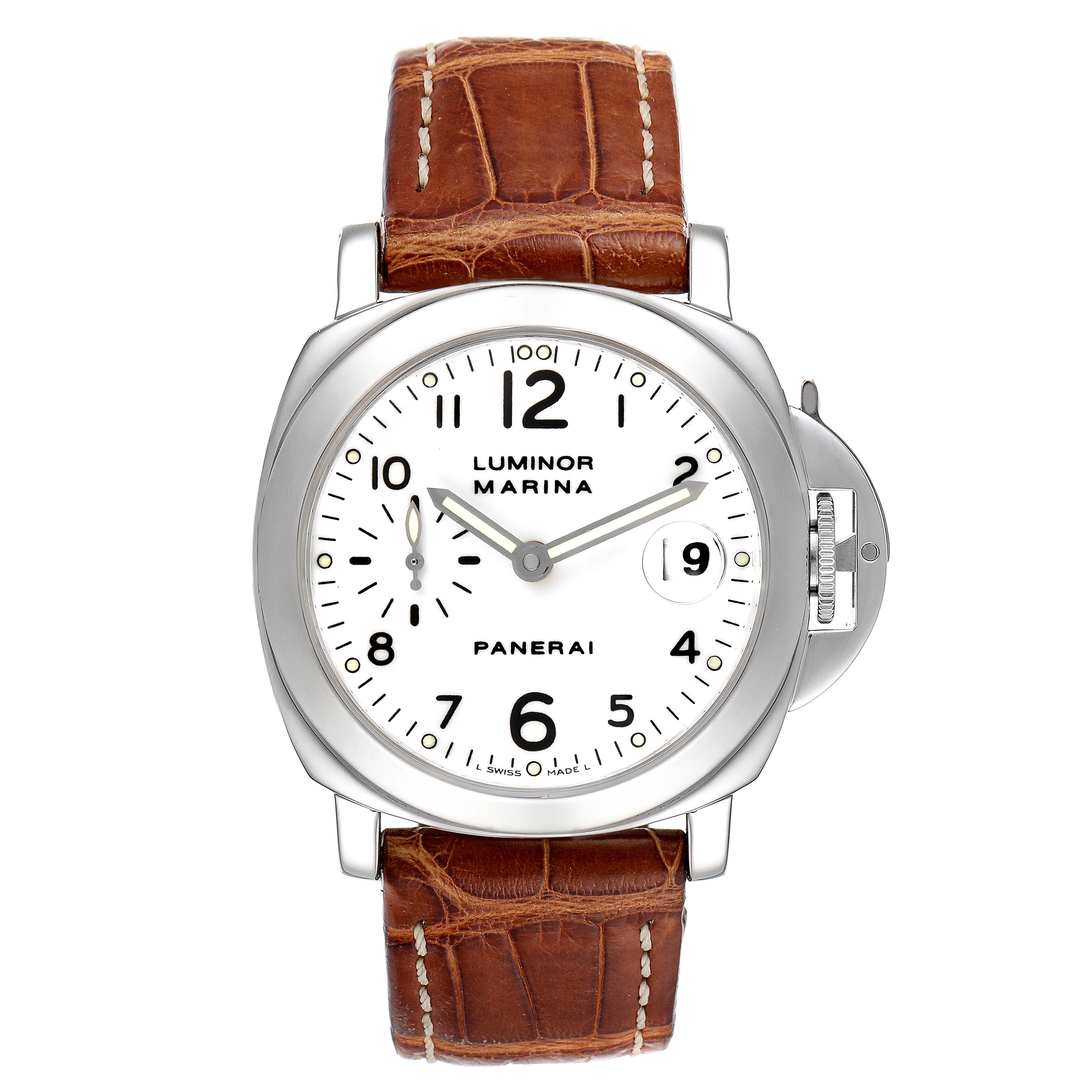 The Panerai Luminor PAM00049 Men
s Stainless Steel White Dial PAM00049 Men
s Stainless Steel White Dial model is shown from the front, displaying the dial, case, crown guard, and brown leather strap.