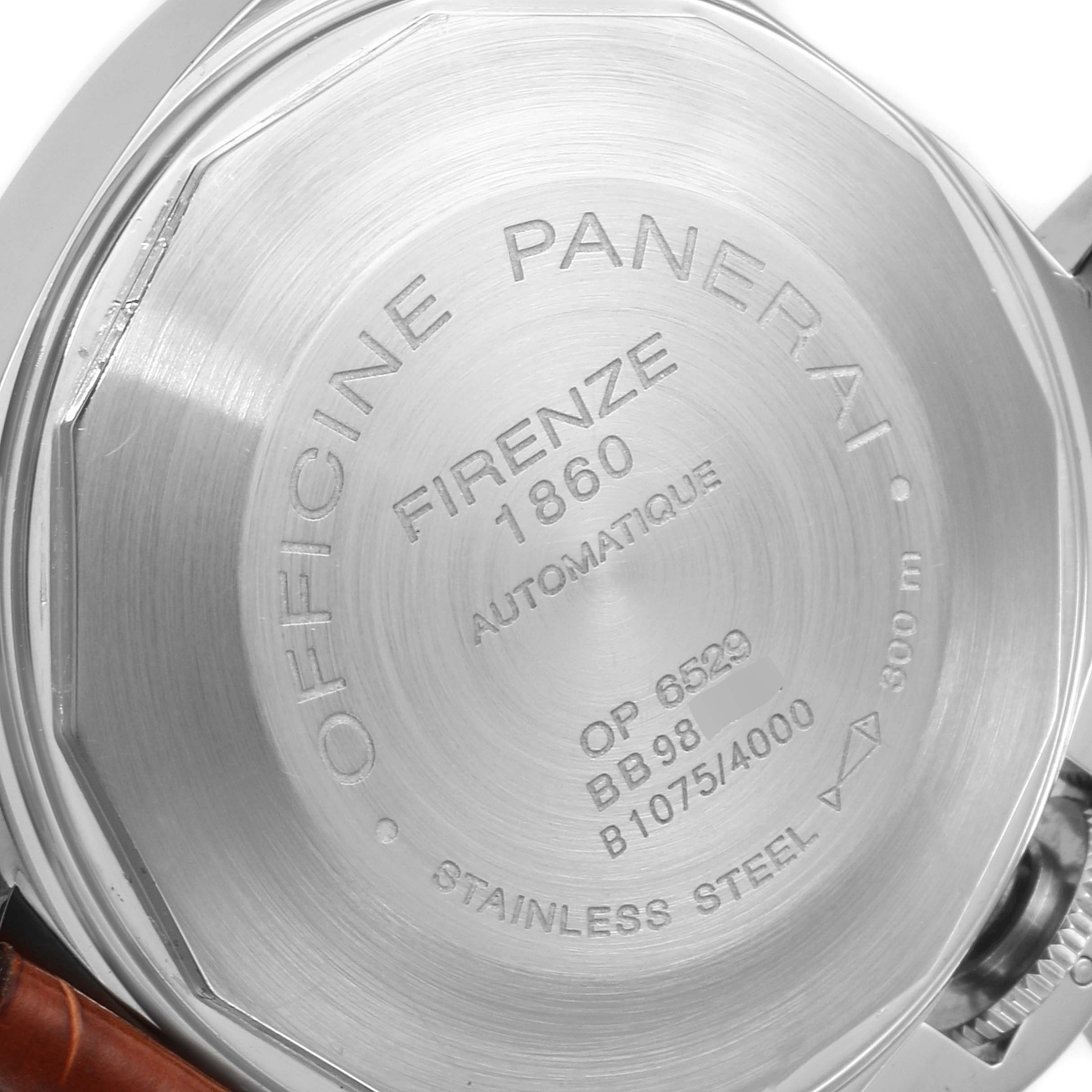 This image shows the back case of a Panerai Luminor PAM00049 Men
s Stainless Steel White Dial PAM00049 Men
s Stainless Steel White Dial watch, highlighting its inscriptions and stainless steel material.