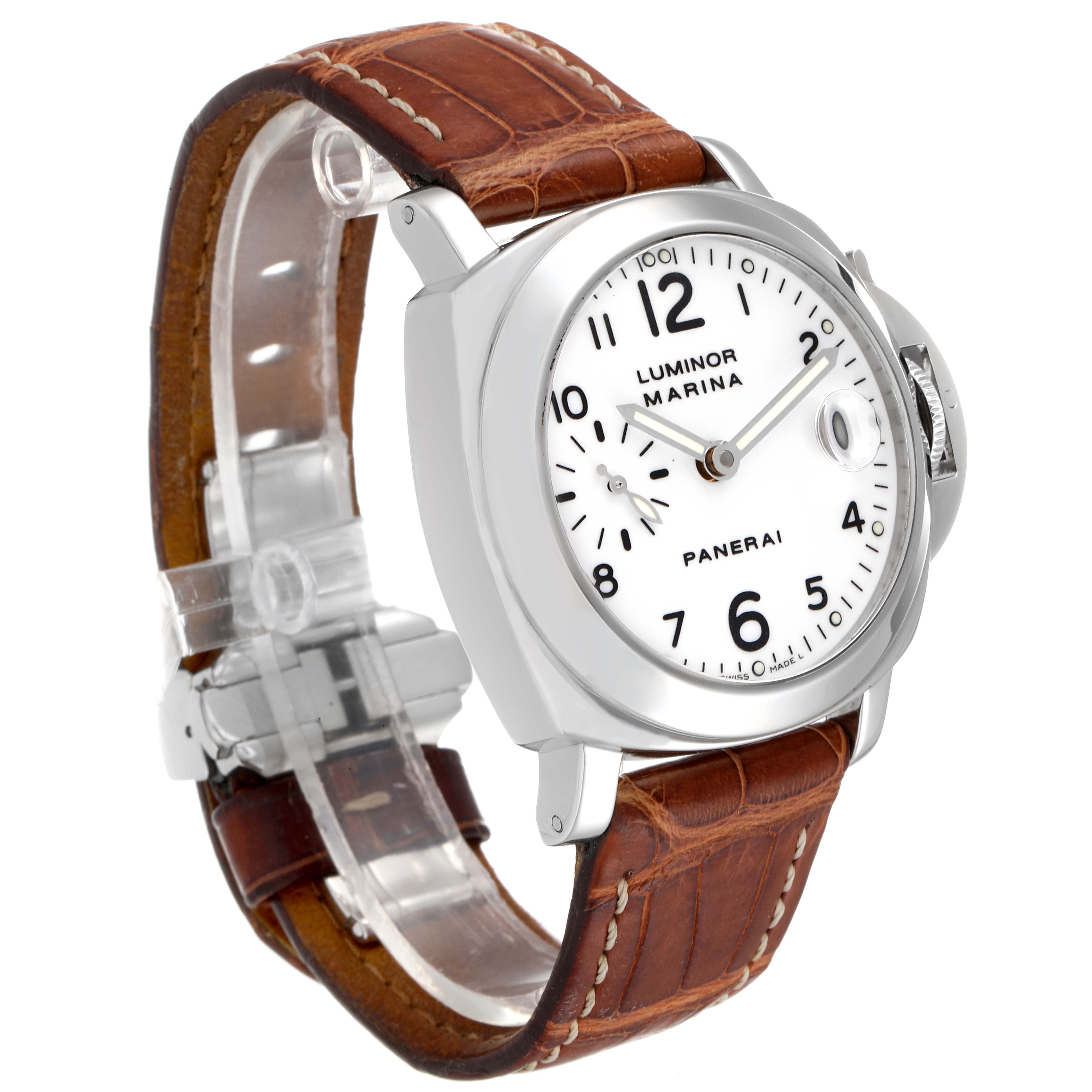 This image shows a side angle of the Panerai Luminor PAM00049 Men
s Stainless Steel White Dial PAM00049 Men
s Stainless Steel White Dial model, highlighting its white dial, brown leather strap, and stainless steel case.