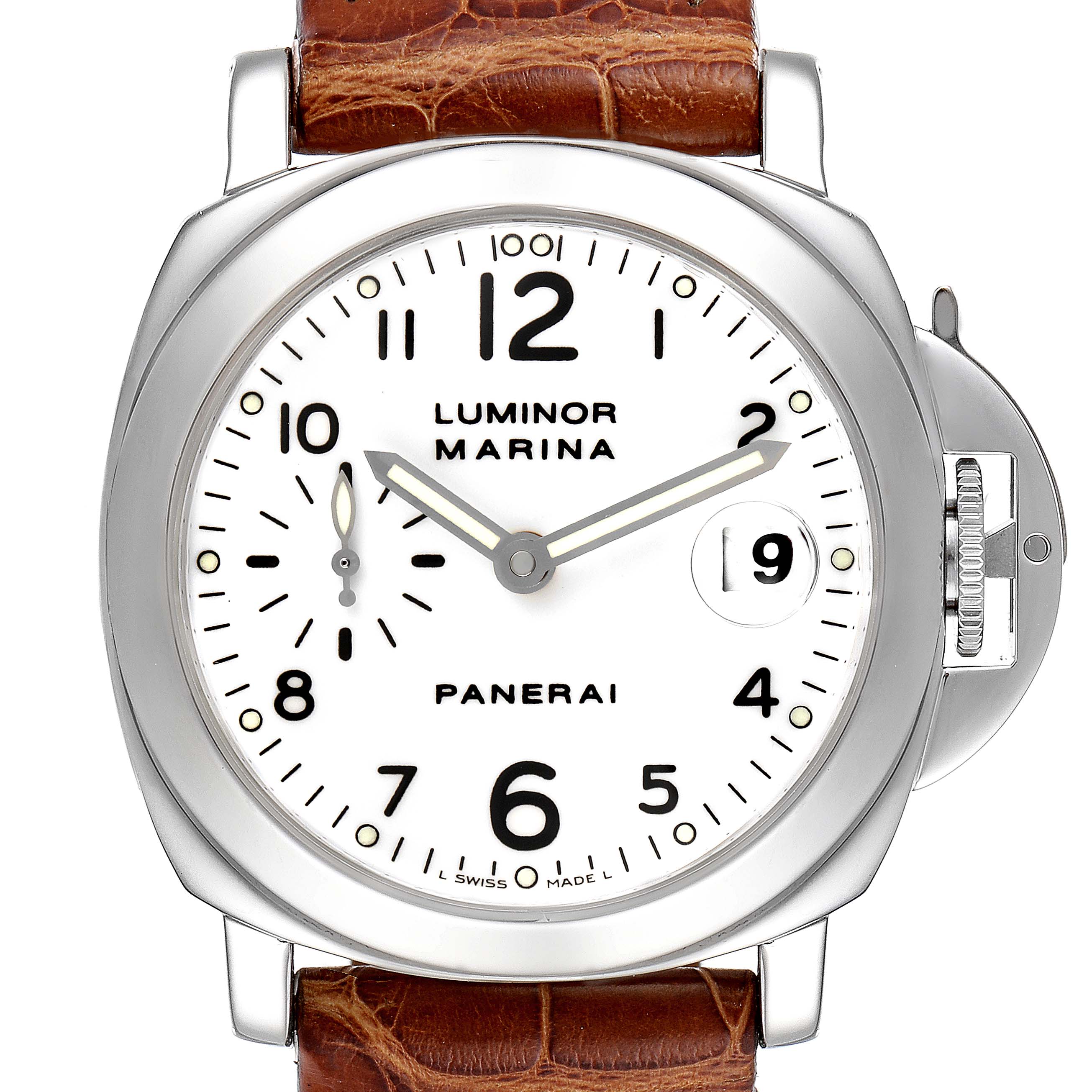 The image shows a front view of the Panerai Luminor PAM00049 Men
s Stainless Steel White Dial PAM00049 Men
s Stainless Steel White Dial Marina watch with a white dial and brown leather strap.