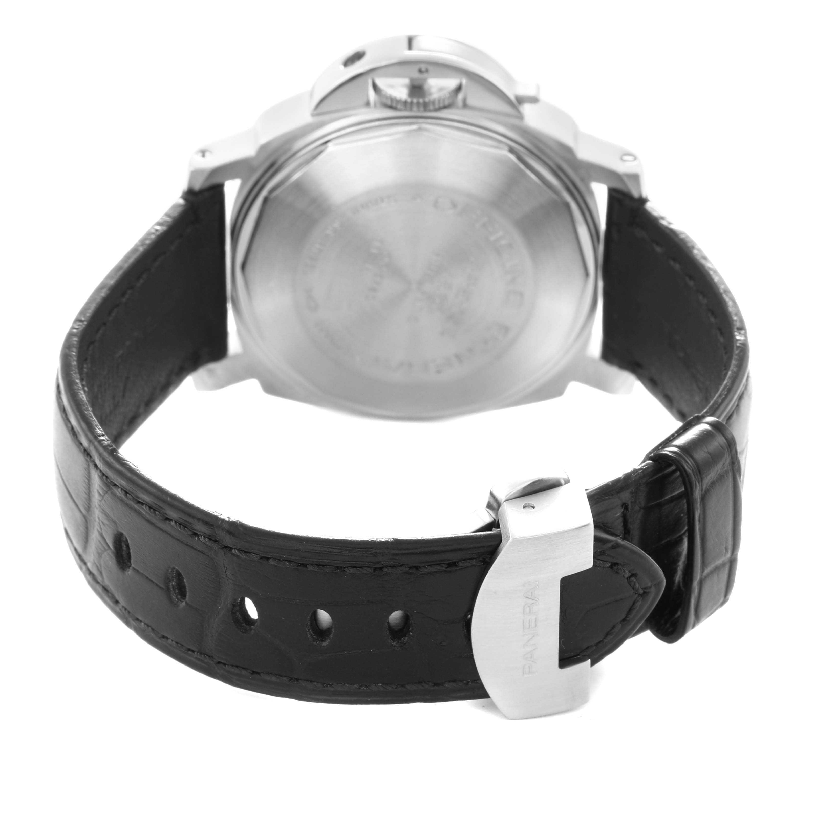 The image shows the back view of a Panerai Luminor PAM00048 Men
s Stainless Steel Black Dial PAM00048 Men
s Stainless Steel Black Dial watch, highlighting the case back and leather strap with buckle.