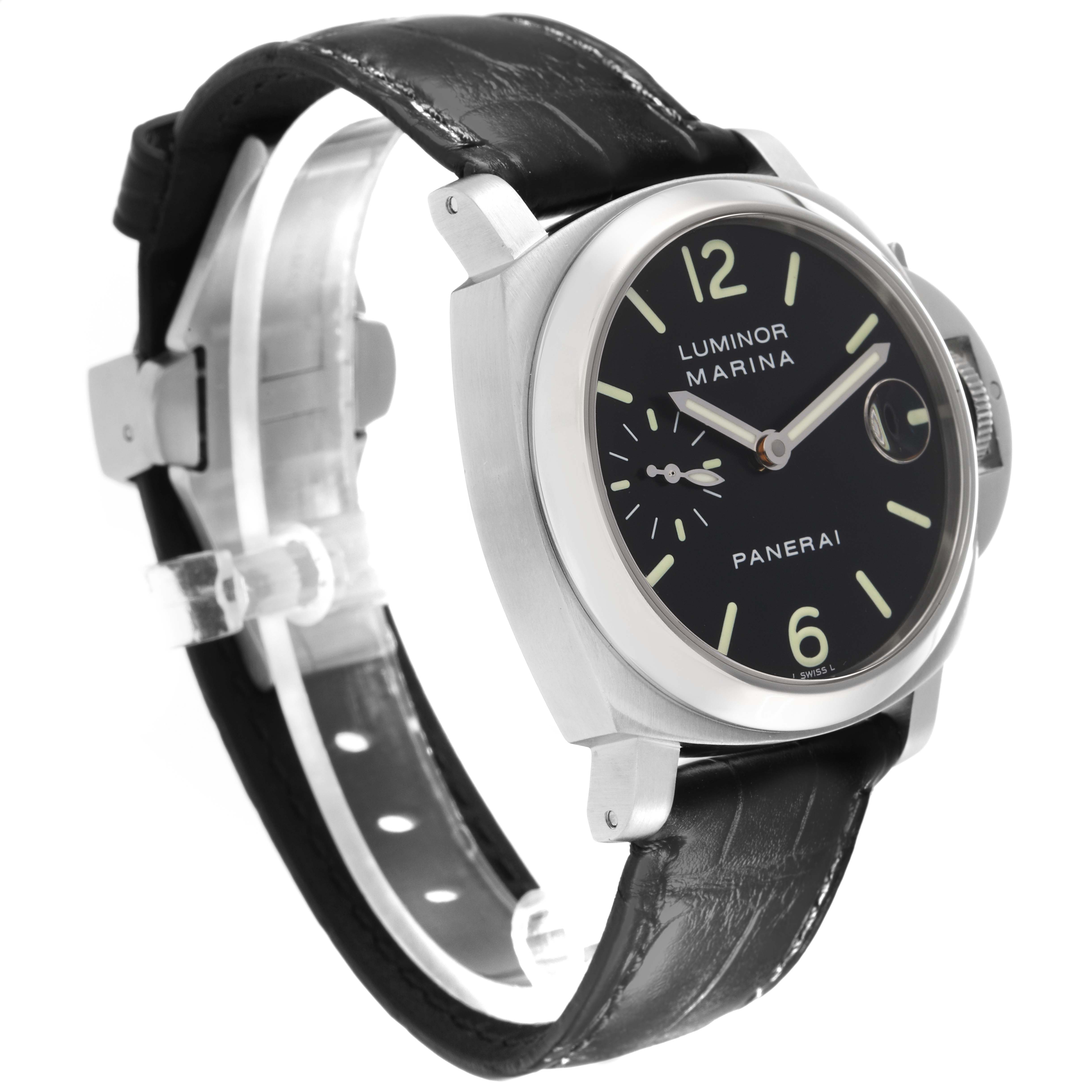 The image shows a Panerai Luminor PAM00048 Men
s Stainless Steel Black Dial PAM00048 Men
s Stainless Steel Black Dial watch at a three-quarter angle, highlighting the face, crown, and leather strap.