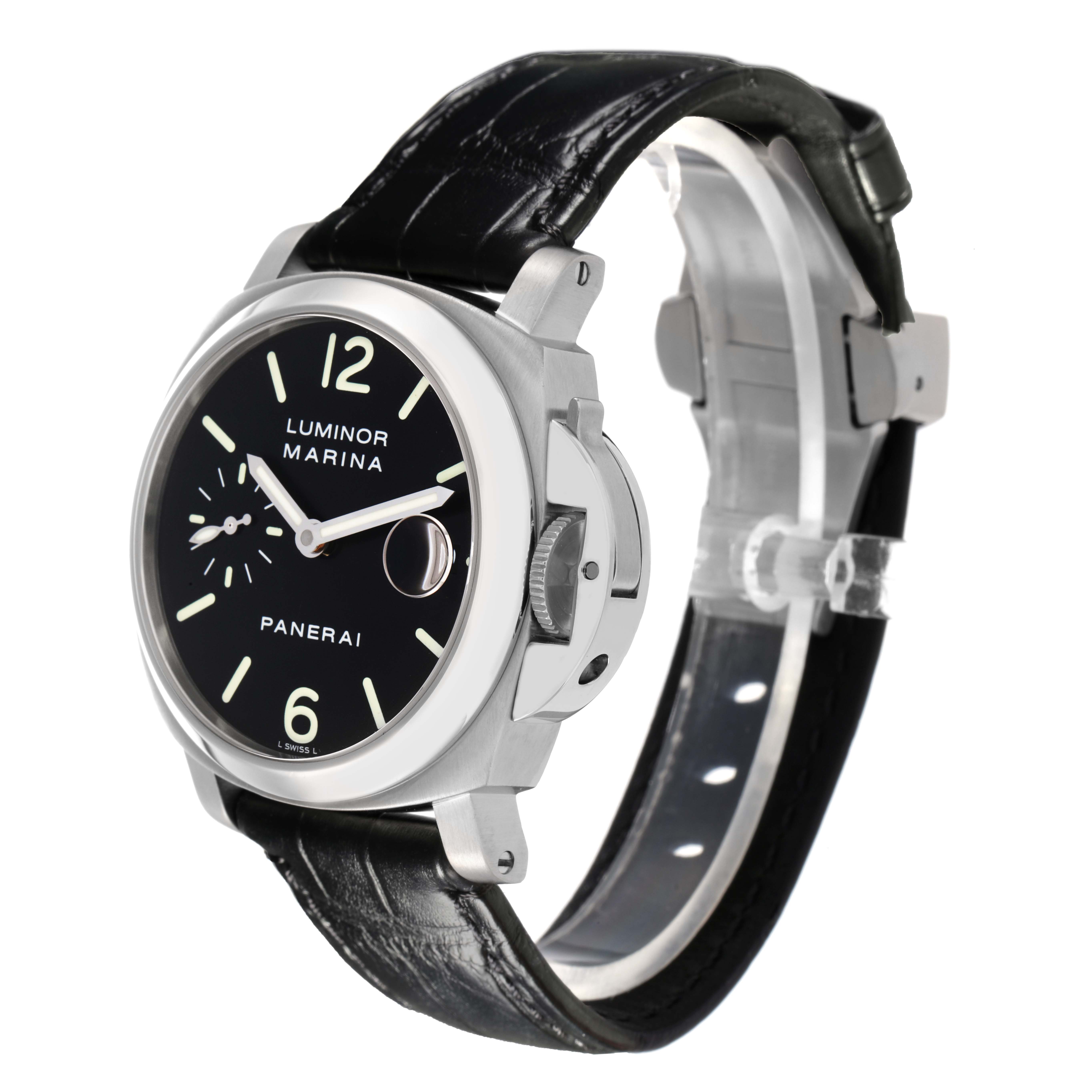 The Panerai Luminor PAM00048 Men
s Stainless Steel Black Dial PAM00048 Men
s Stainless Steel Black Dial watch is shown at a three-quarter angle, displaying its black dial, silver case, and leather strap.
