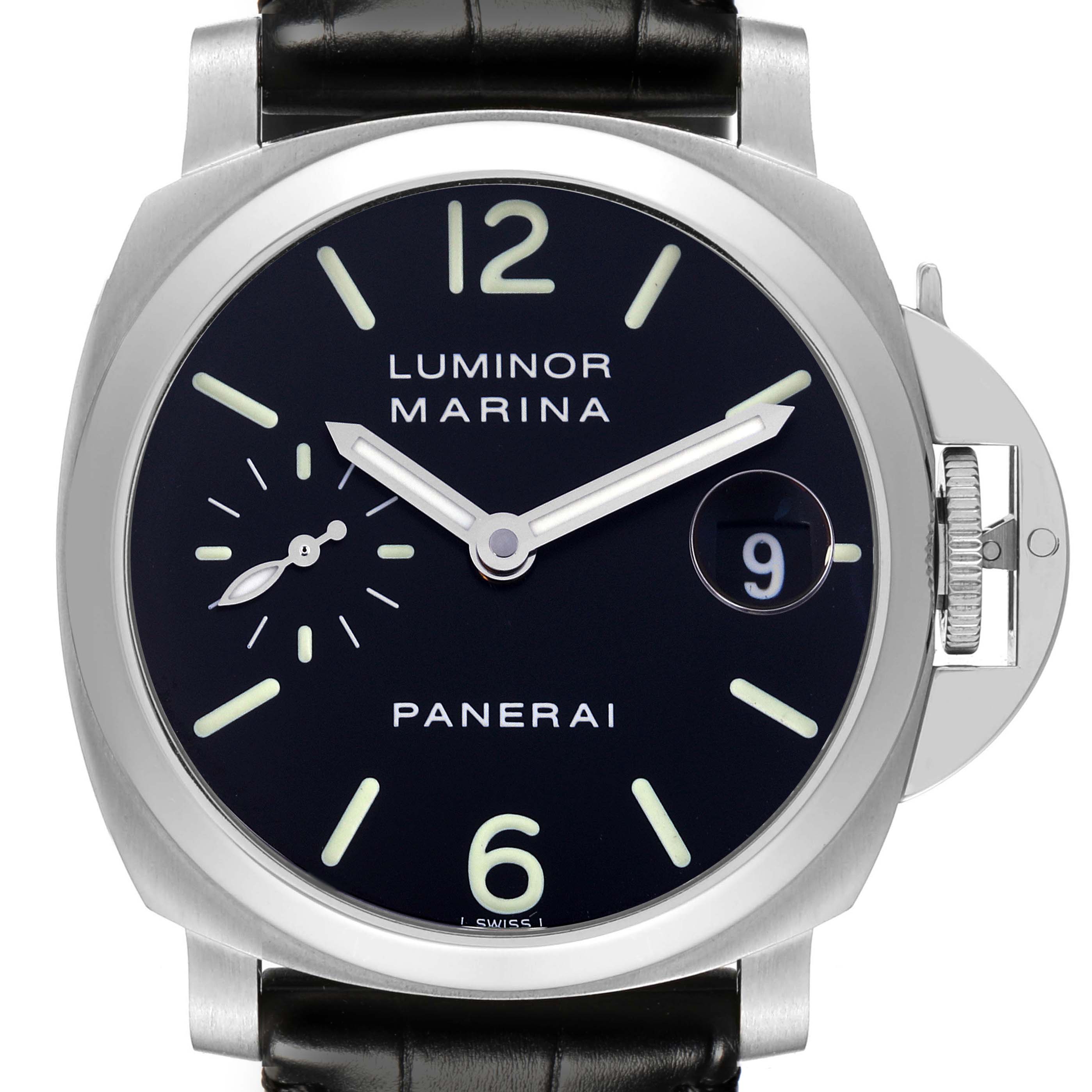 The image shows a front view of a Panerai Luminor PAM00048 Men
s Stainless Steel Black Dial PAM00048 Men
s Stainless Steel Black Dial watch, highlighting the dial, hands, crown guard, and strap.
