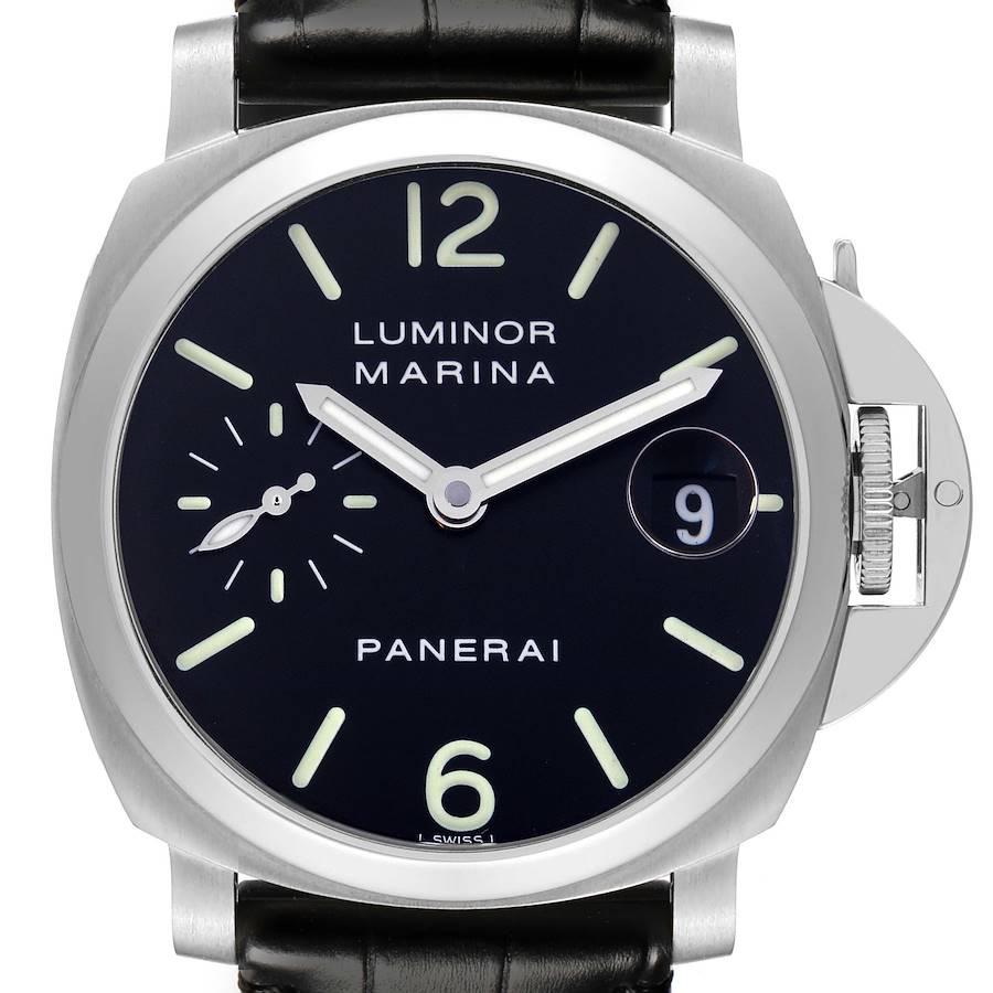 The image shows a front view of a Panerai Luminor watch, highlighting the dial, hands, crown guard, and strap.
