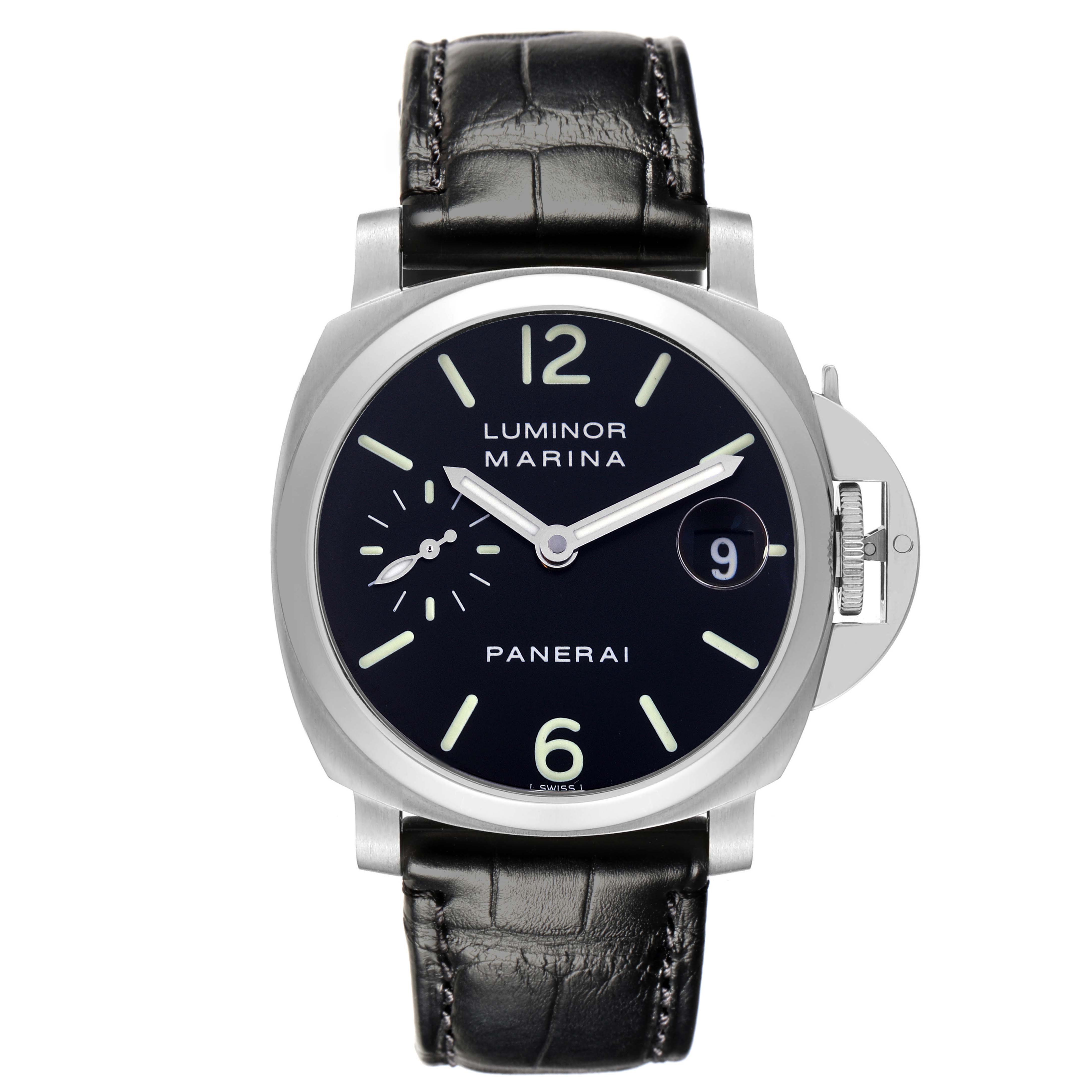 The Panerai Luminor PAM00048 Men
s Stainless Steel Black Dial PAM00048 Men
s Stainless Steel Black Dial watch is shown from a front angle, displaying the dial, crown guard, and black leather strap.