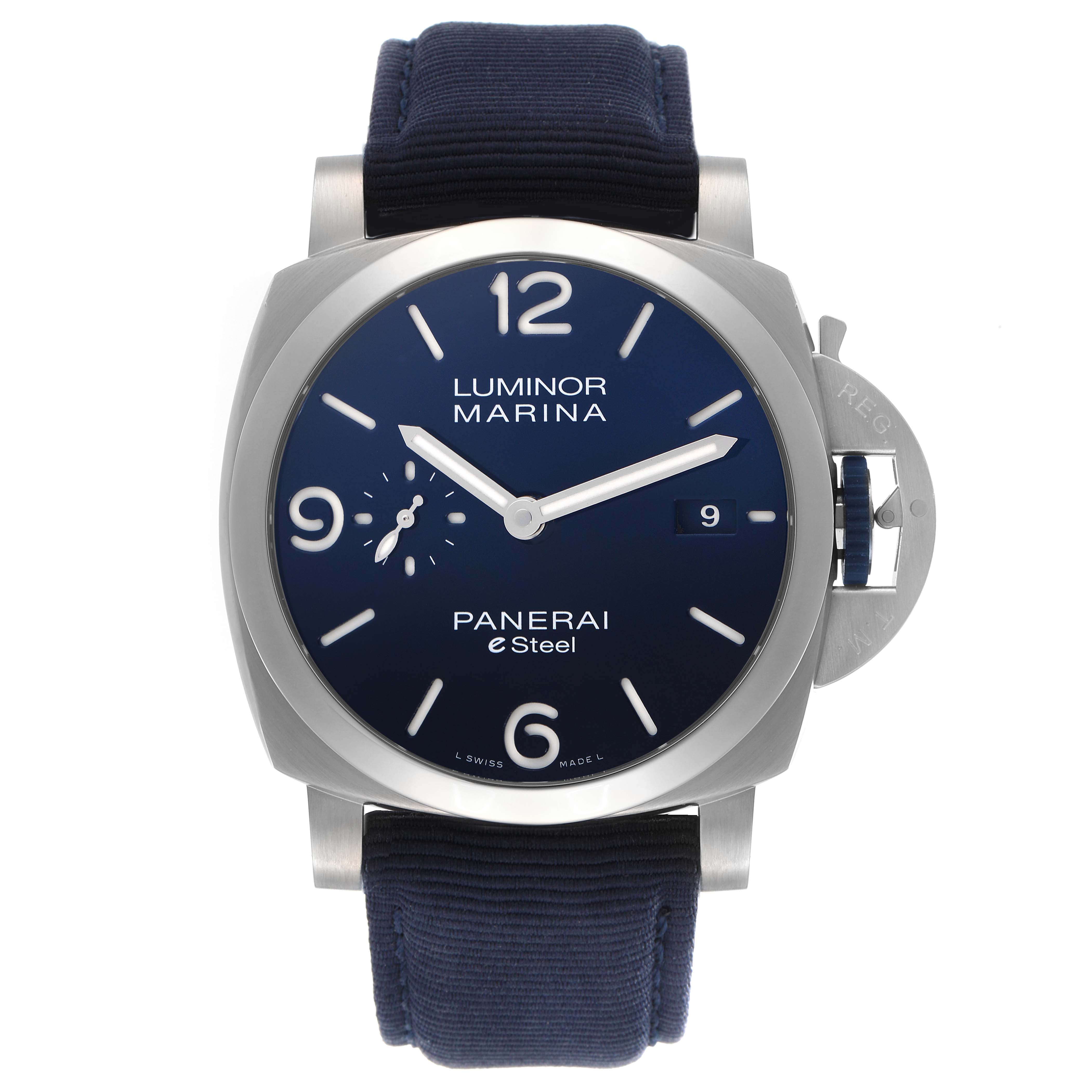 The Panerai Luminor PAM01157 Men
s Stainless Steel Blue Dial PAM01157 Men
s Stainless Steel Blue Dial watch is shown from a front angle, highlighting its face, crown guard, and strap.