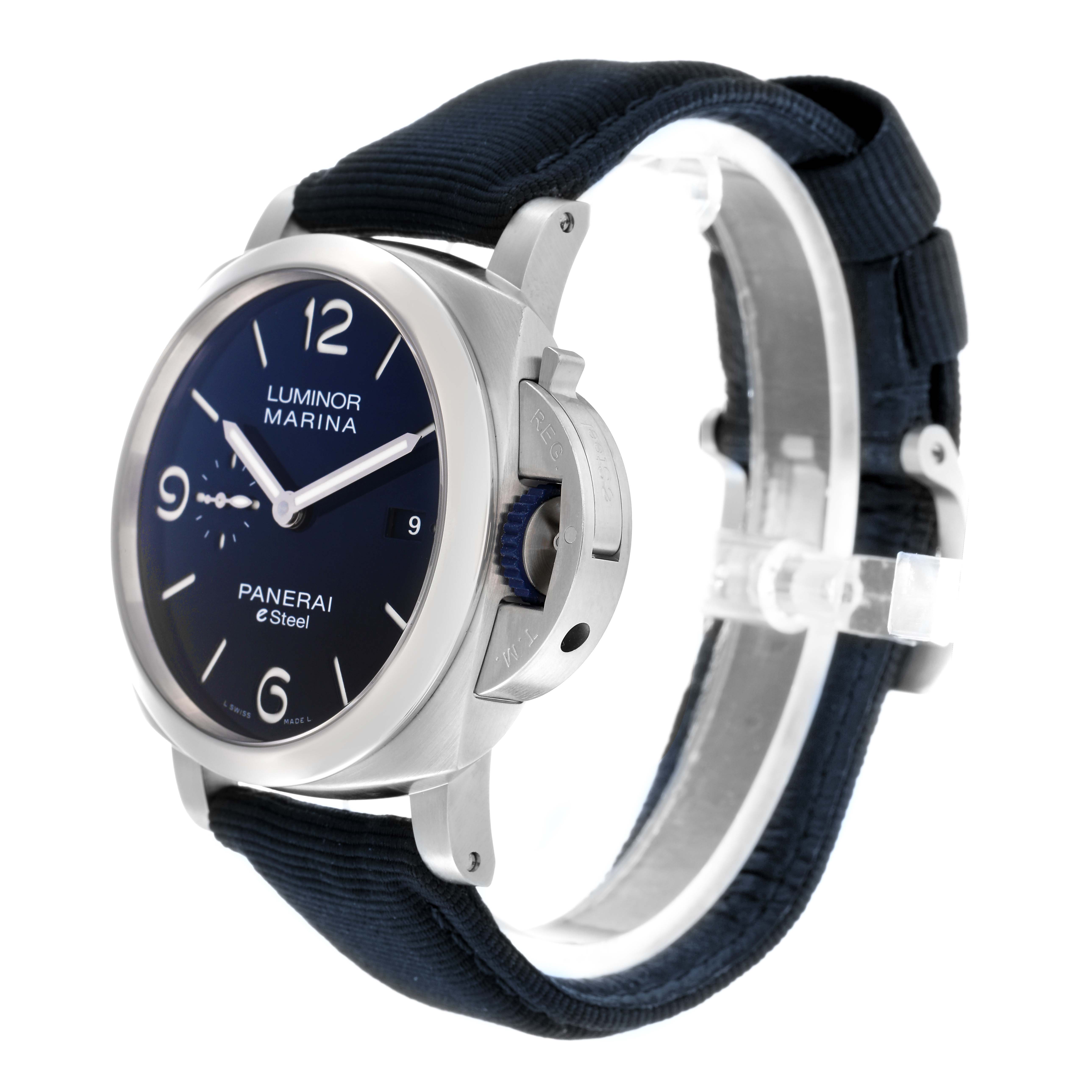 The Panerai Luminor PAM01157 Men
s Stainless Steel Blue Dial PAM01157 Men
s Stainless Steel Blue Dial watch is shown at a side angle, highlighting the face, crown guard, and strap.
