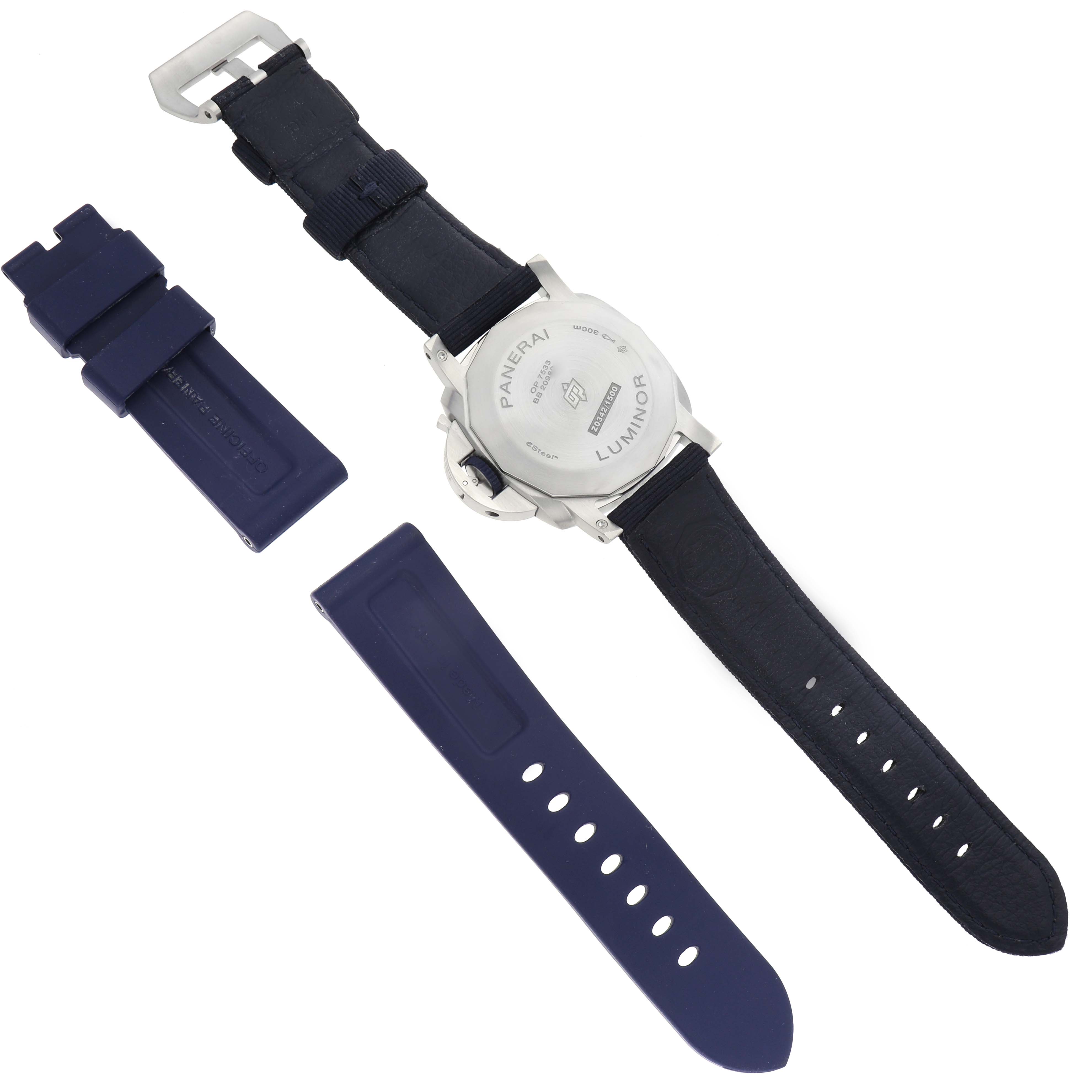 The image shows the Panerai Luminor PAM01157 Men
s Stainless Steel Blue Dial PAM01157 Men
s Stainless Steel Blue Dial watch from the back, displaying its case and two interchangeable straps.