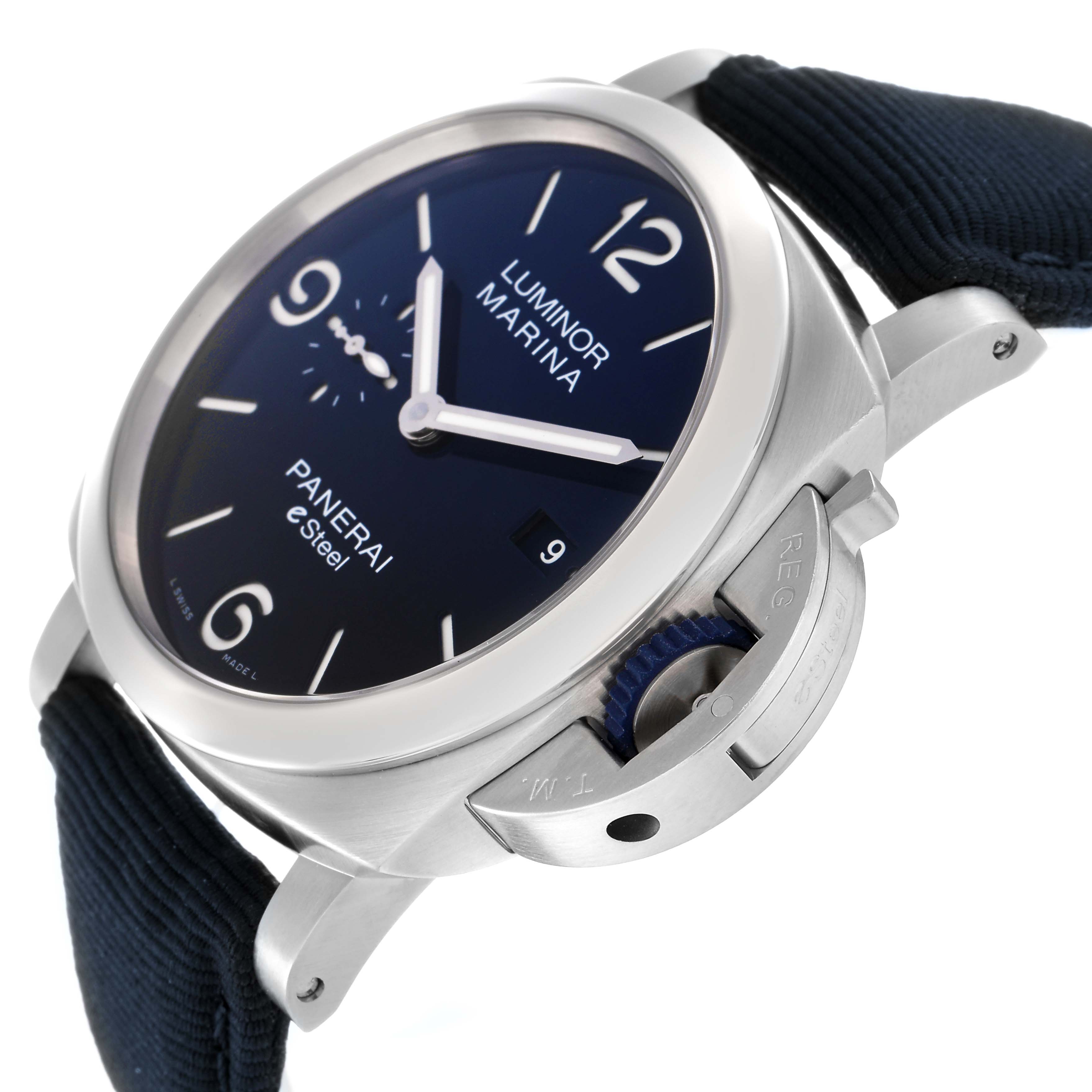 The image shows a side angle of the Panerai Luminor PAM01157 Men
s Stainless Steel Blue Dial PAM01157 Men
s Stainless Steel Blue Dial watch, highlighting the case, dial, and distinctive crown guard.