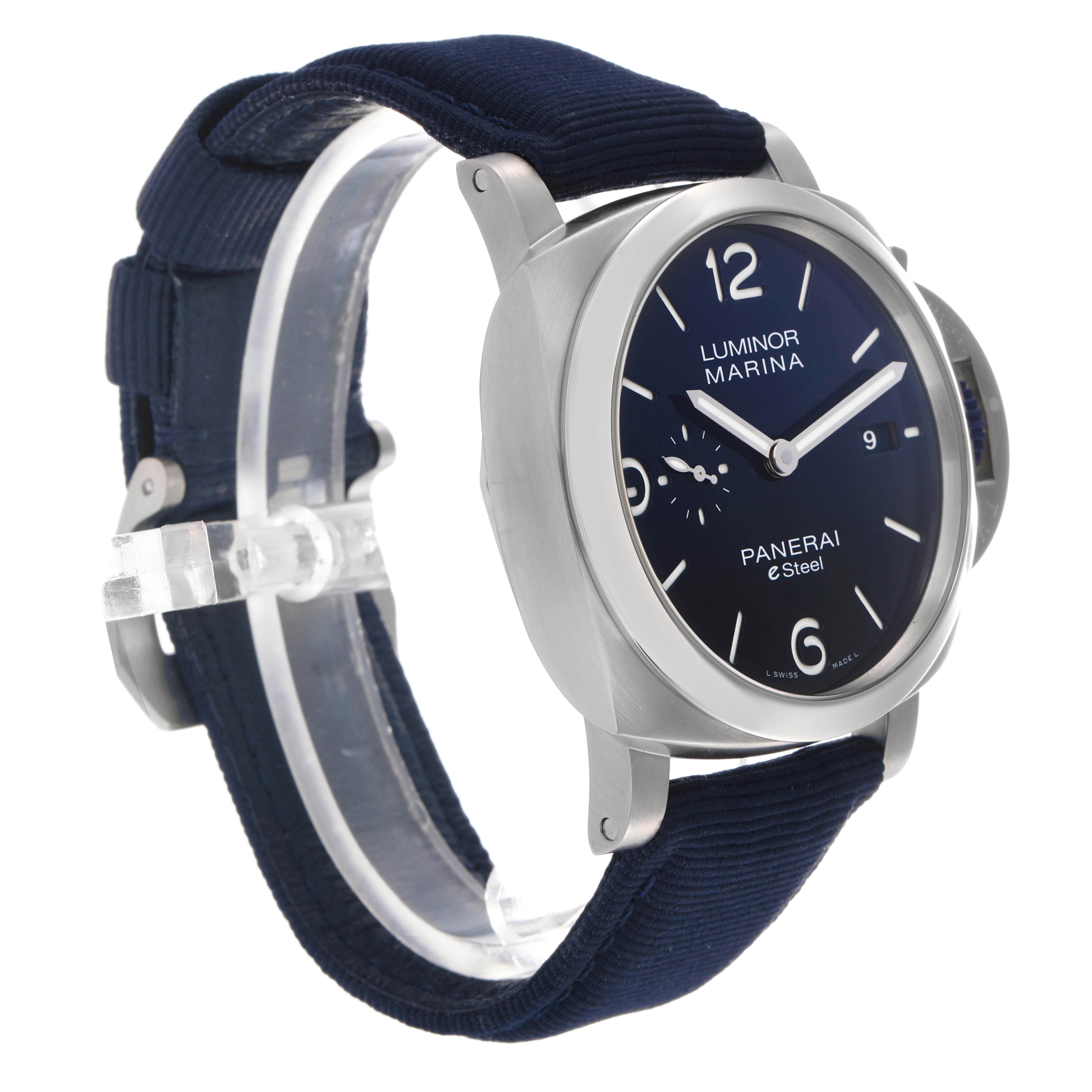 The Panerai Luminor PAM01157 Men
s Stainless Steel Blue Dial PAM01157 Men
s Stainless Steel Blue Dial watch is shown at a three-quarter view highlighting the face, side, and strap.