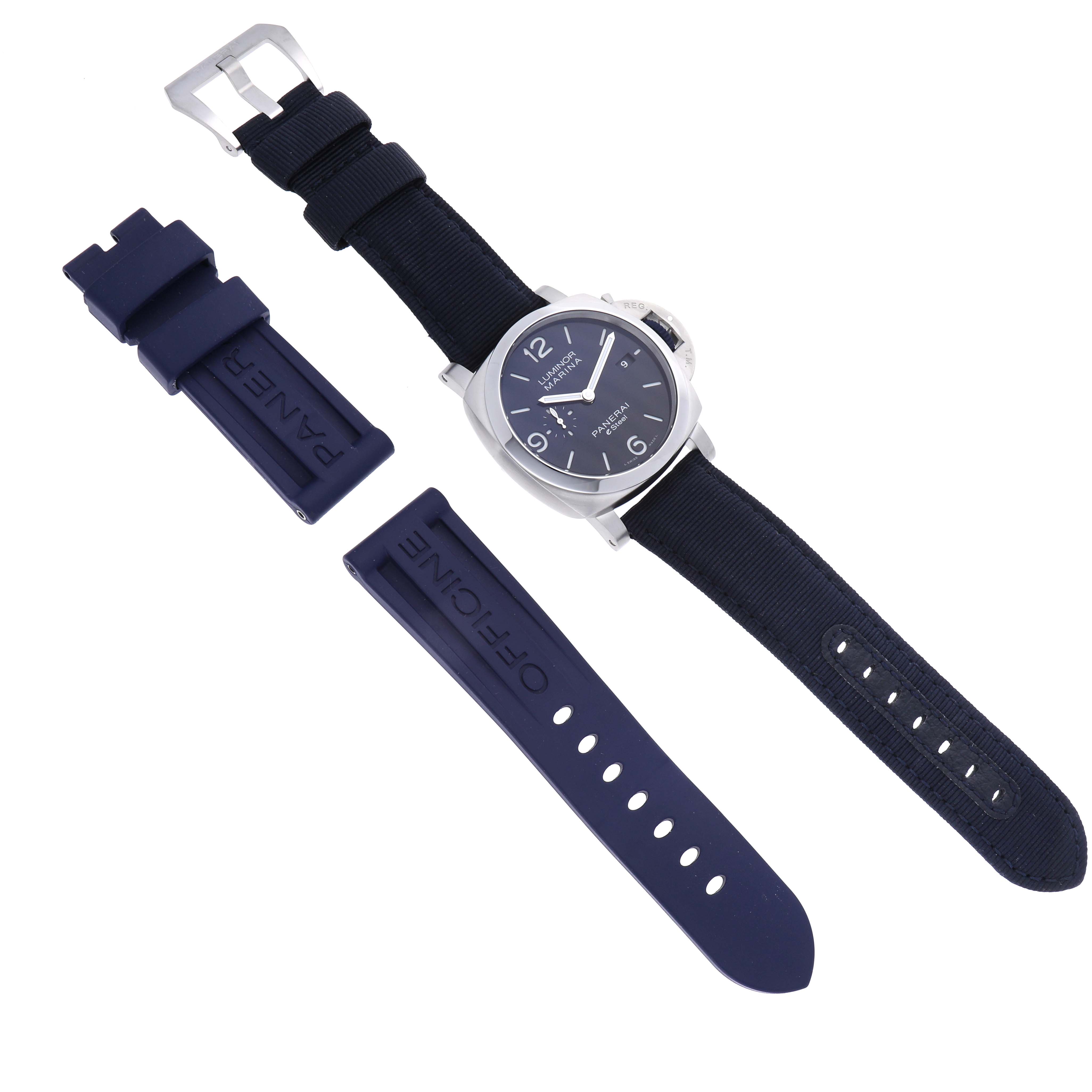 The Panerai Luminor PAM01157 Men
s Stainless Steel Blue Dial PAM01157 Men
s Stainless Steel Blue Dial watch is shown from a top-down angle with additional strap options visible.