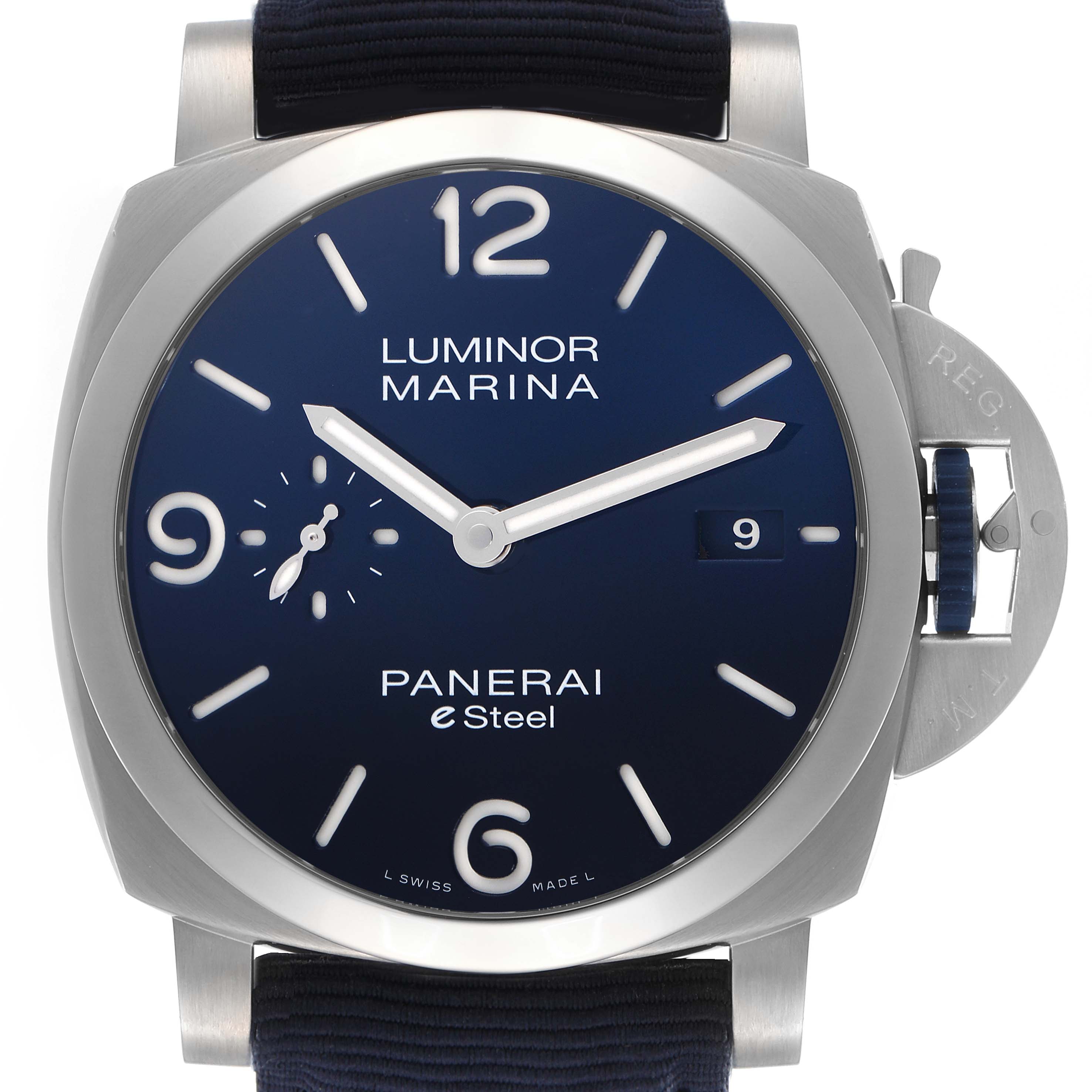 The Panerai Luminor PAM01157 Men
s Stainless Steel Blue Dial PAM01157 Men
s Stainless Steel Blue Dial watch is shown from the front, highlighting its dial, hands, indices, and crown guard.