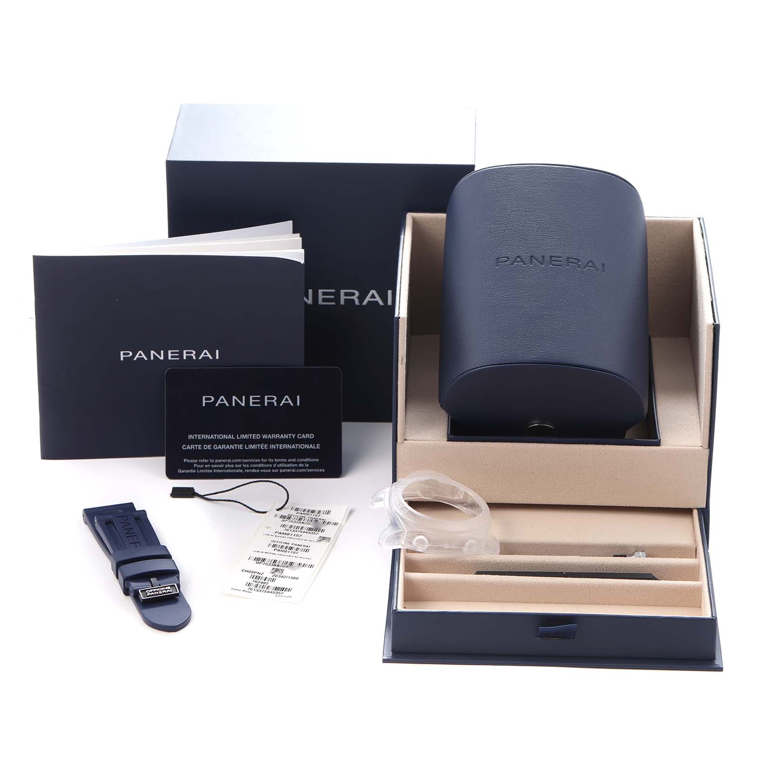 The Panerai Luminor PAM01157 Men
s Stainless Steel Blue Dial PAM01157 Men
s Stainless Steel Blue Dial watch package includes a box, card, booklet, additional strap, and tools, shown at a front angle.