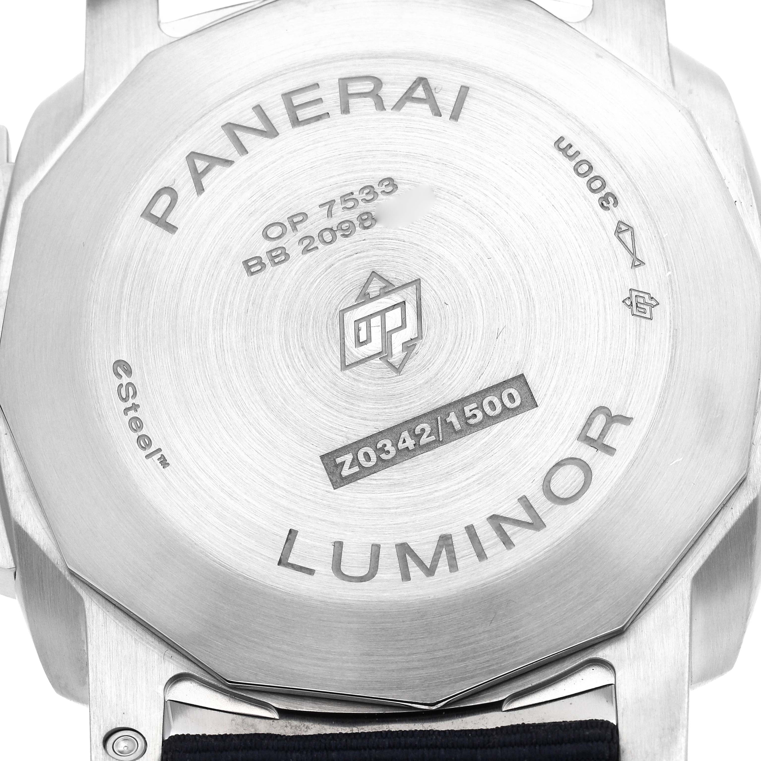 The image shows the case back of a Panerai Luminor PAM01157 Men
s Stainless Steel Blue Dial PAM01157 Men
s Stainless Steel Blue Dial watch, displaying model details and branding engravings.