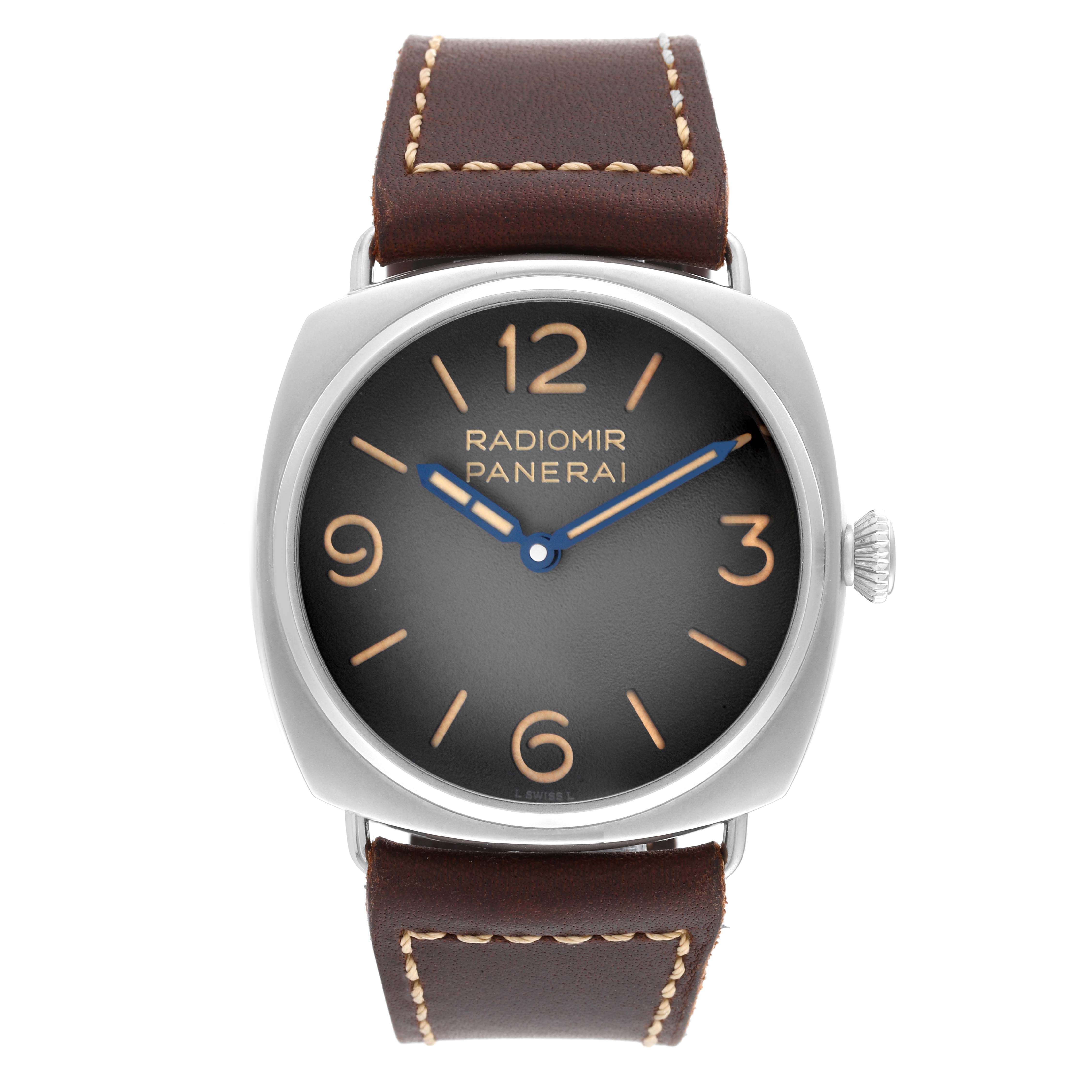 The image shows a front-facing view of the Panerai Radiomir PAM01334 Men's Stainless Steel Black Dial PAM01334 Men's Stainless Steel Black Dial watch, highlighting the dial, case, crown, and leather strap.