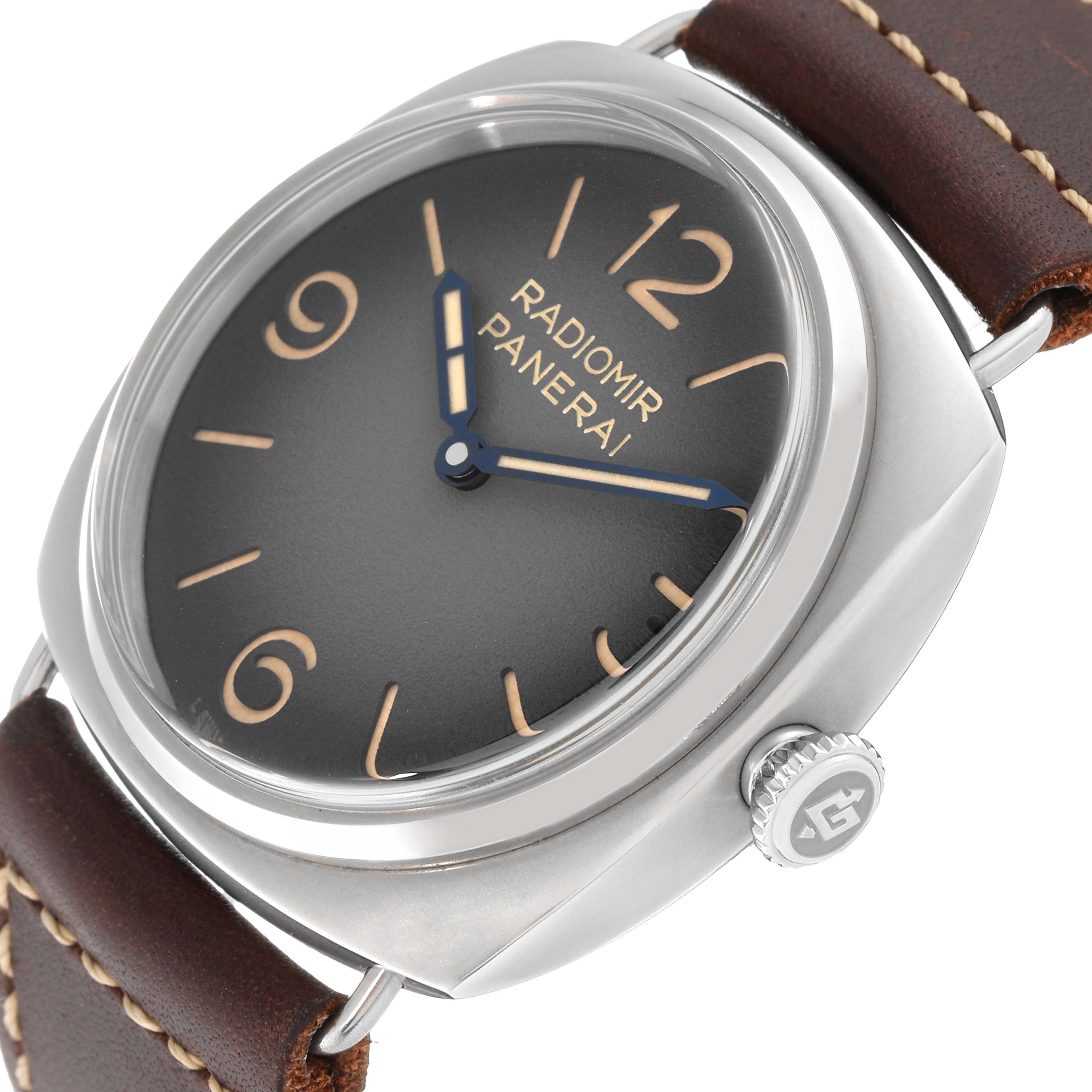 This image shows a close-up angle of the Panerai Radiomir PAM01334 Men's Stainless Steel Black Dial PAM01334 Men's Stainless Steel Black Dial watch, highlighting its dial, crown, and leather strap.