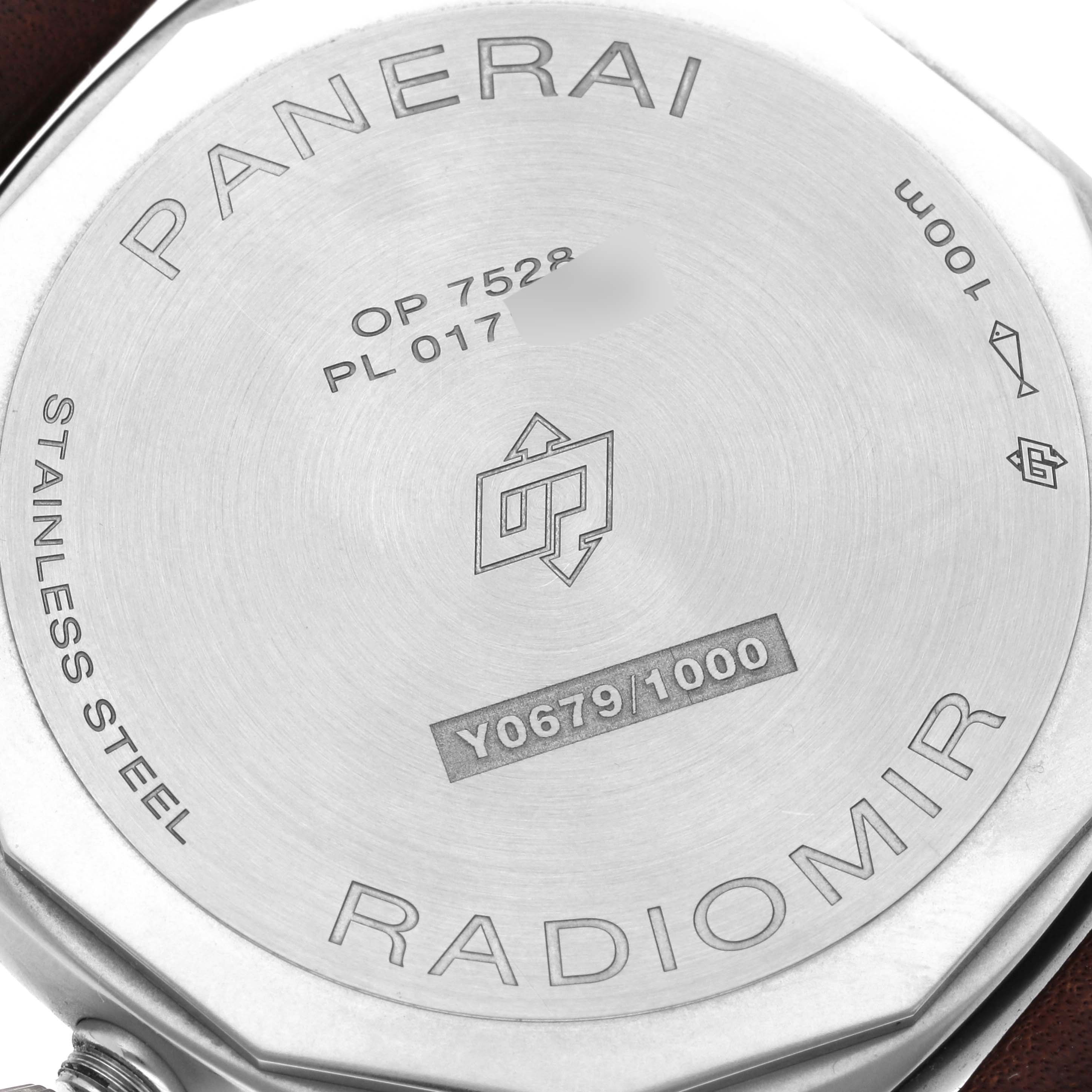 This image shows a close-up of the engraved case back of a Panerai Radiomir PAM01334 Men's Stainless Steel Black Dial PAM01334 Men's Stainless Steel Black Dial watch.