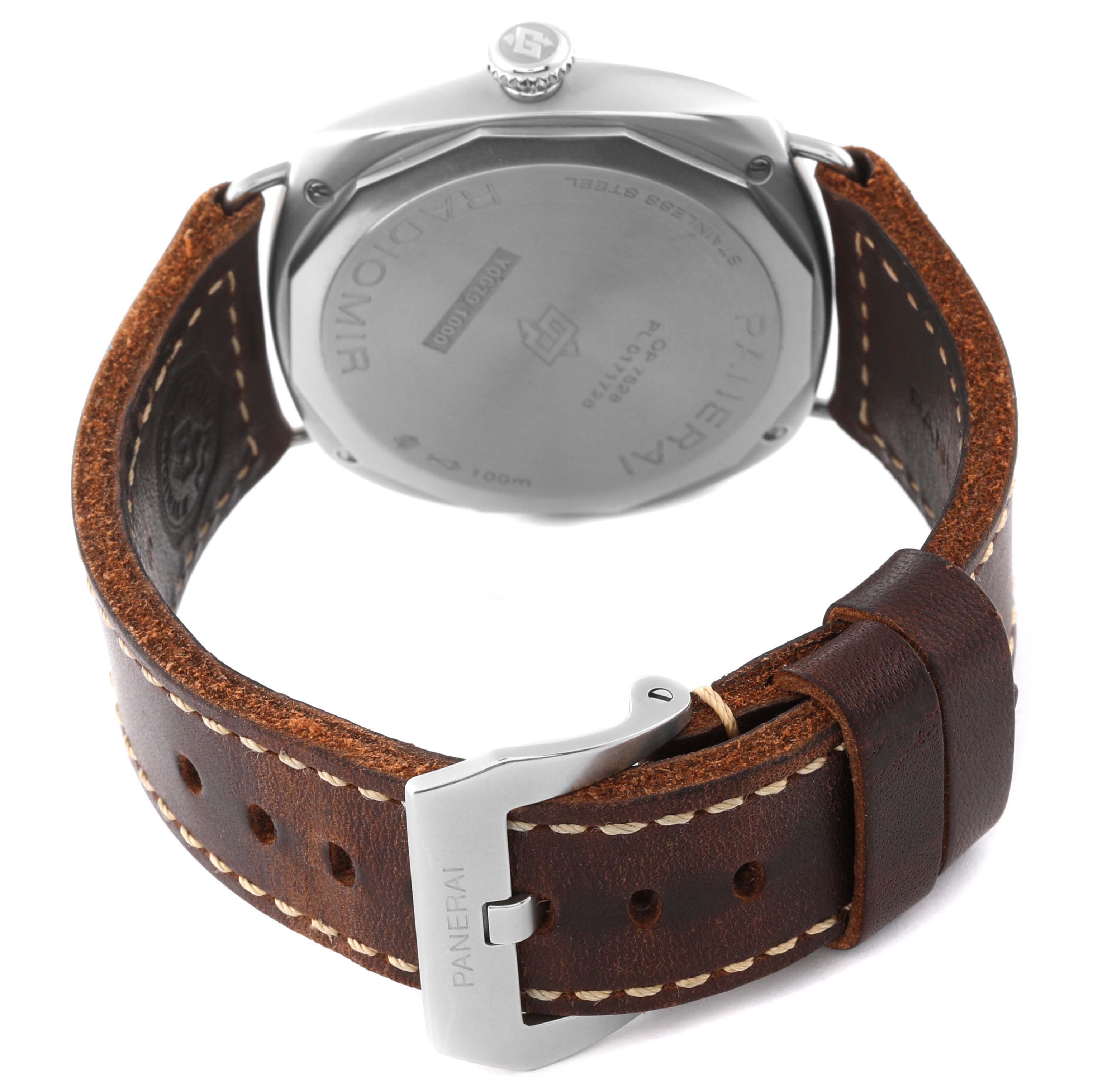 The image shows the back view of a Panerai Radiomir PAM01334 Men's Stainless Steel Black Dial PAM01334 Men's Stainless Steel Black Dial watch, highlighting its case back, brown leather strap, and buckle.