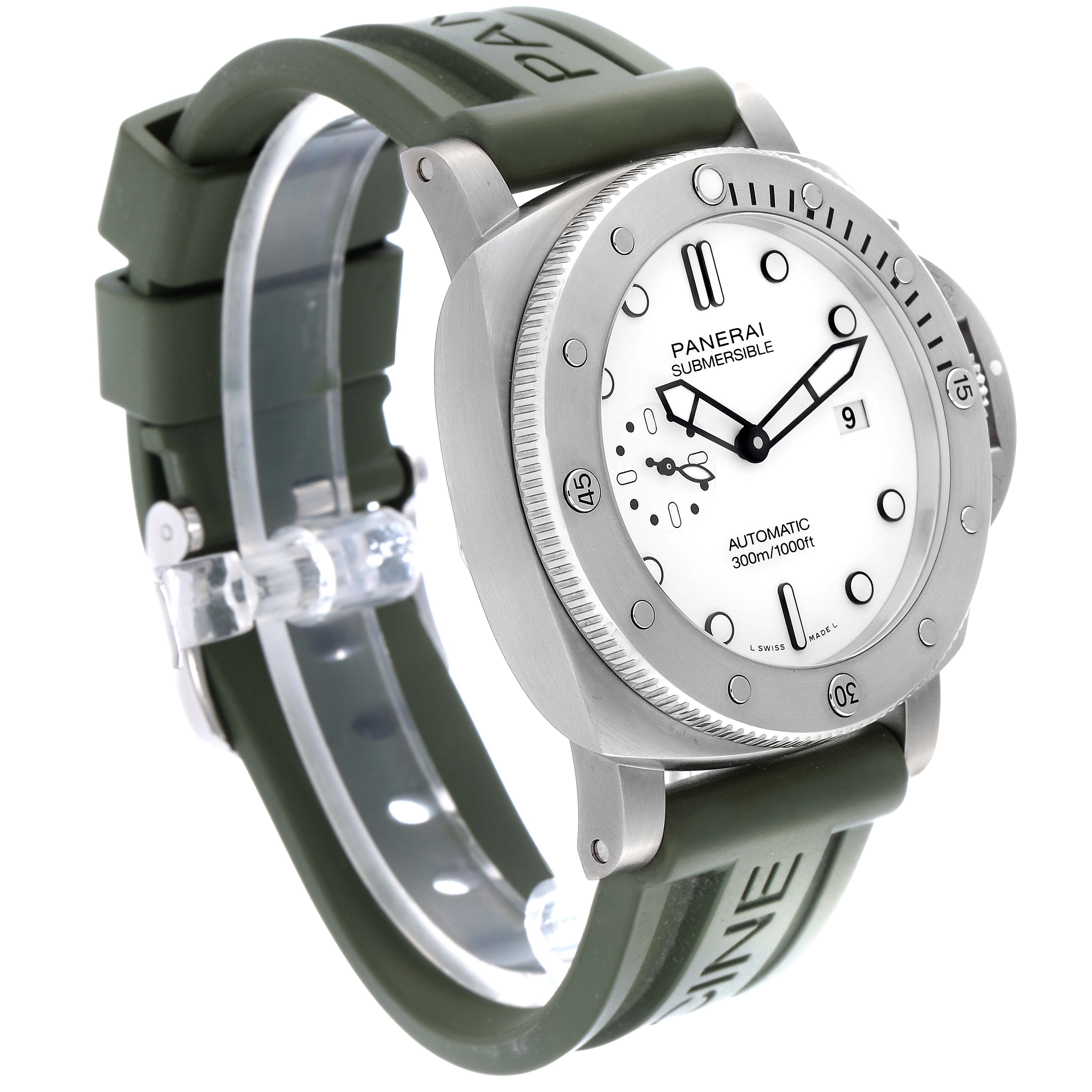 The Panerai Submersible PAM01226 Men
s Stainless Steel White Dial PAM01226 Men
s Stainless Steel White Dial watch is shown at a three-quarter angle, highlighting the bezel, dial, and strap.