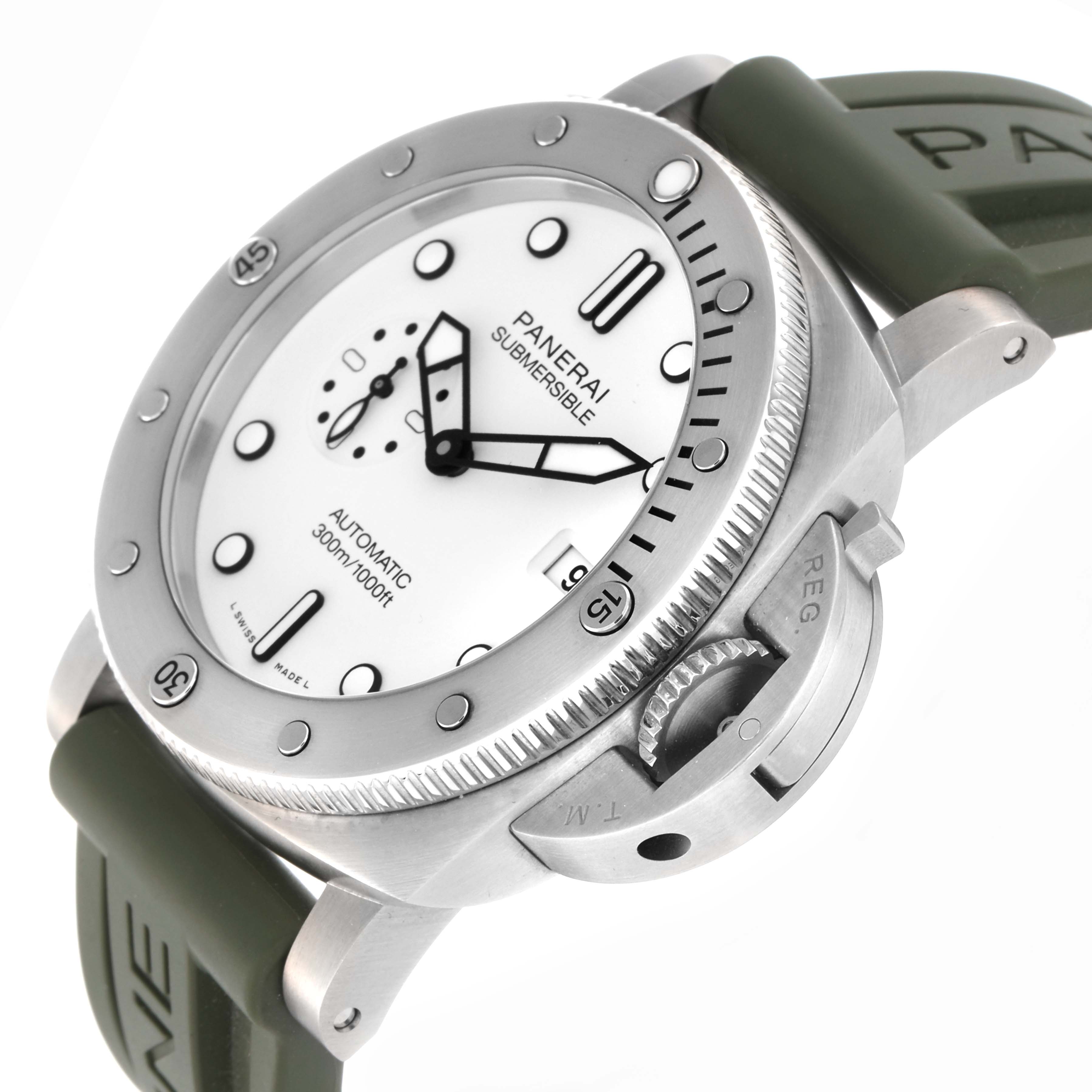 The Panerai Submersible PAM01226 Men
s Stainless Steel White Dial PAM01226 Men
s Stainless Steel White Dial watch is shown at a three-quarter angle, highlighting the dial, bezel, crown guard, and rubber strap.