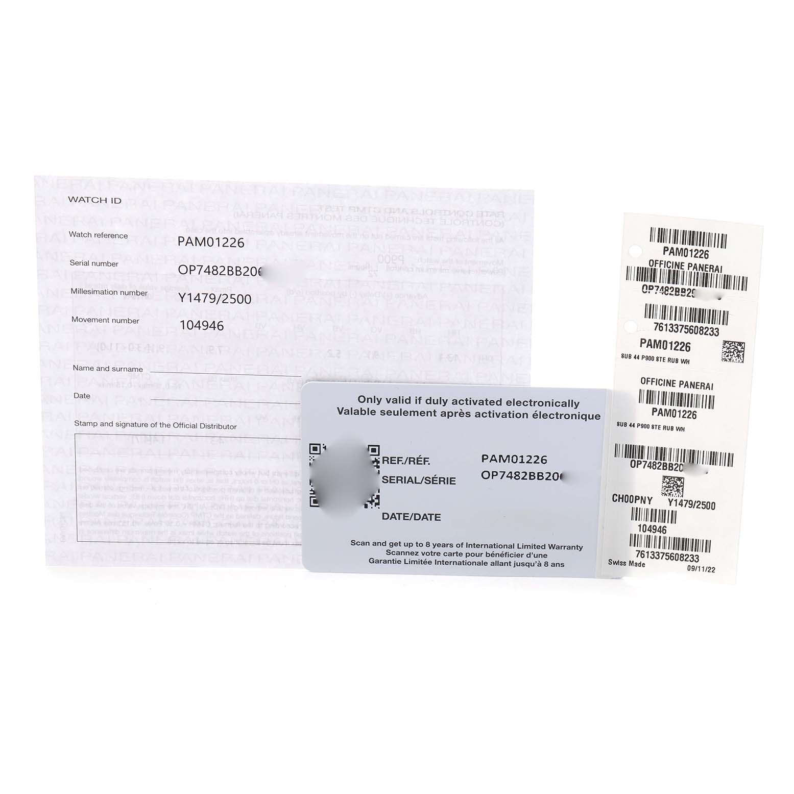 The image shows warranty cards and papers for the Panerai Submersible PAM01226 Men
s Stainless Steel White Dial PAM01226 Men
s Stainless Steel White Dial watch, including watch reference and serial numbers.