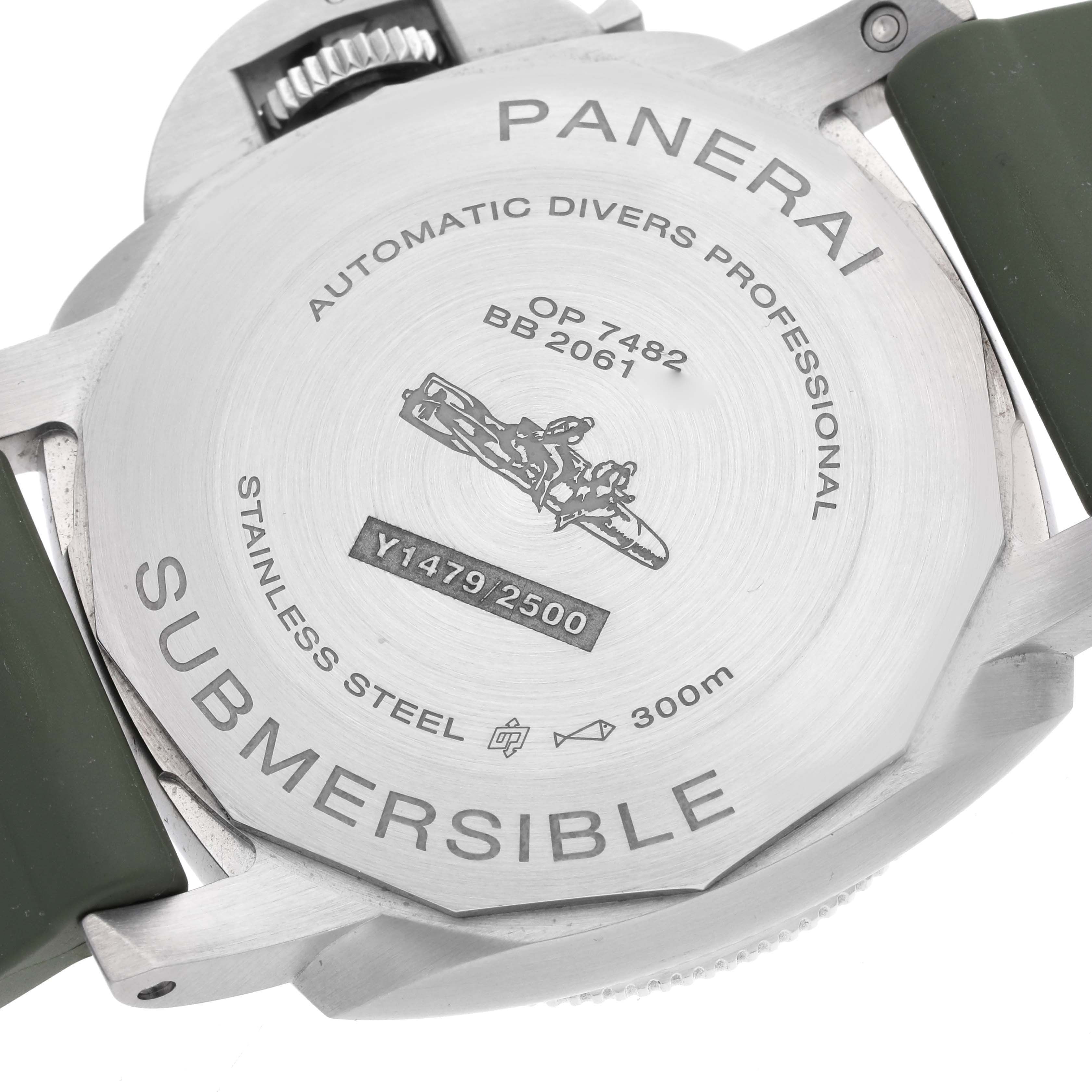 The image shows the back of a Panerai Submersible PAM01226 Men
s Stainless Steel White Dial PAM01226 Men
s Stainless Steel White Dial watch, highlighting engraving details and the stainless steel case.
