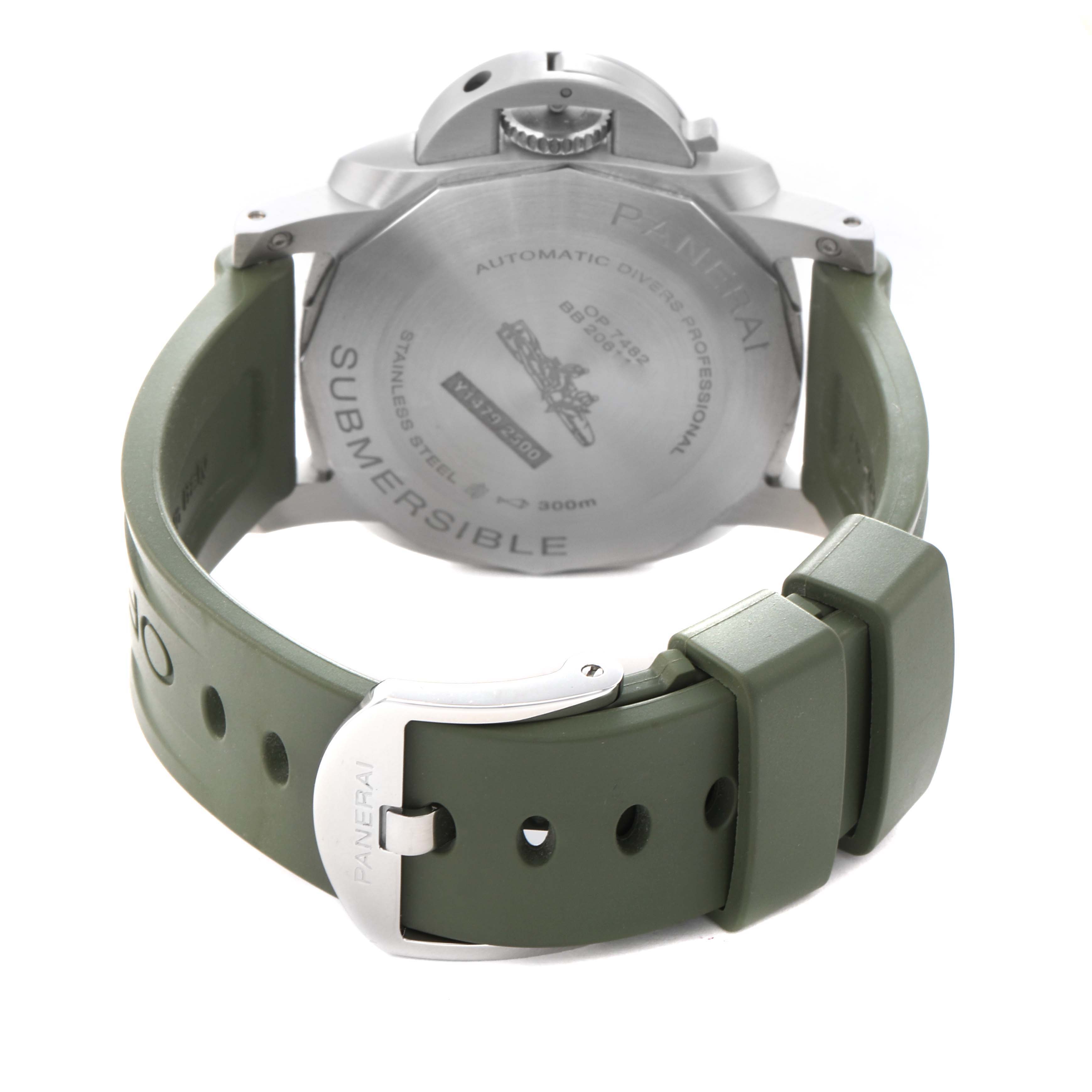 The image shows the back of a Panerai Submersible PAM01226 Men
s Stainless Steel White Dial PAM01226 Men
s Stainless Steel White Dial watch, highlighting the case back, strap, and buckle.