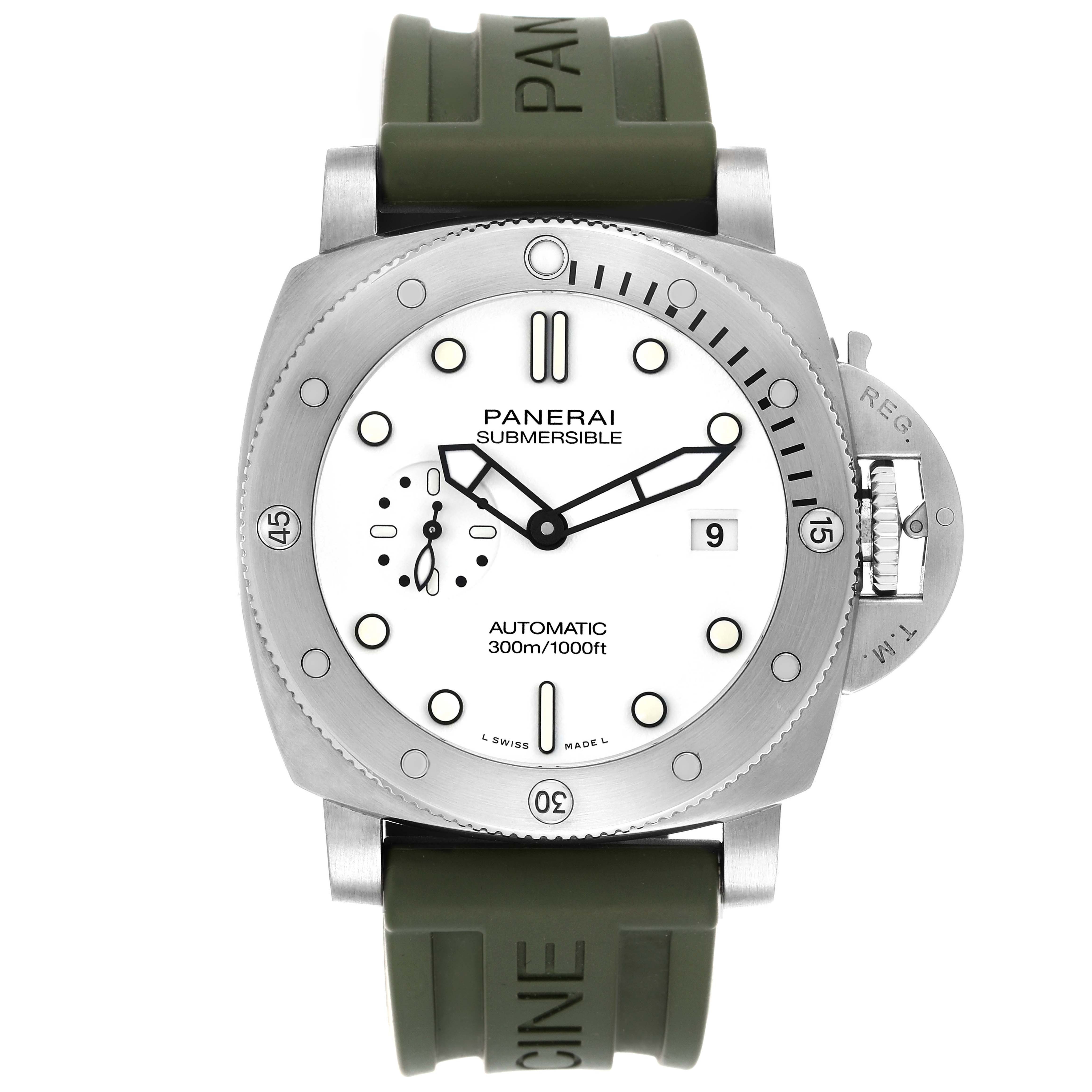 The Panerai Submersible PAM01226 Men
s Stainless Steel White Dial PAM01226 Men
s Stainless Steel White Dial model is shown from the front, highlighting the dial, bezel, crown guard, and green strap.