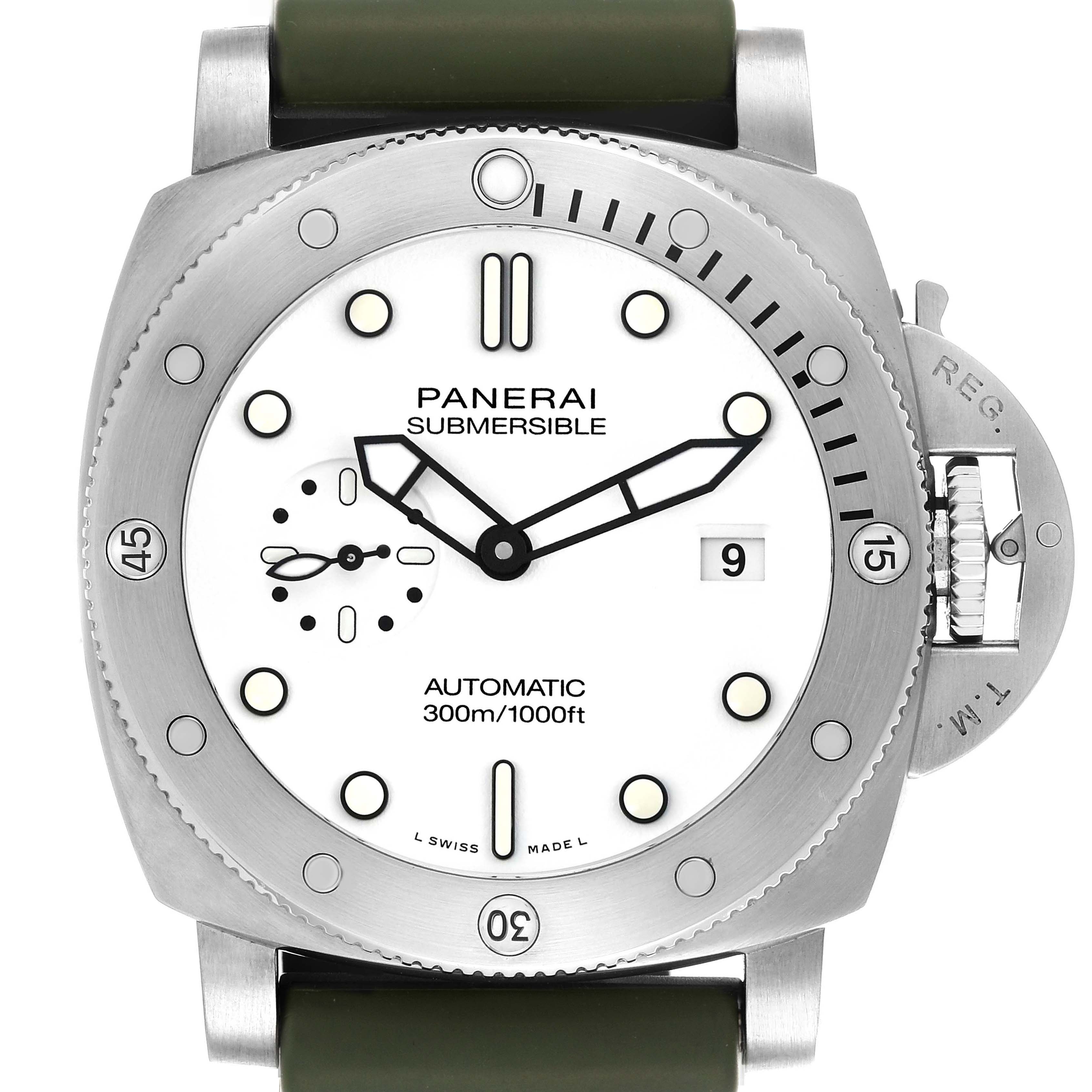 The image shows a front view of a Panerai Submersible PAM01226 Men
s Stainless Steel White Dial PAM01226 Men
s Stainless Steel White Dial watch, highlighting the dial, bezel, and crown guard.