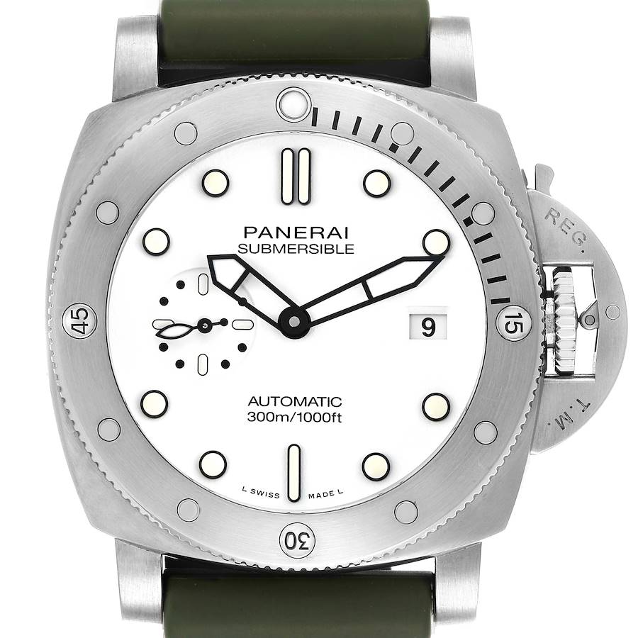 The image shows a front view of a Panerai Submersible watch, highlighting the dial, bezel, and crown guard.