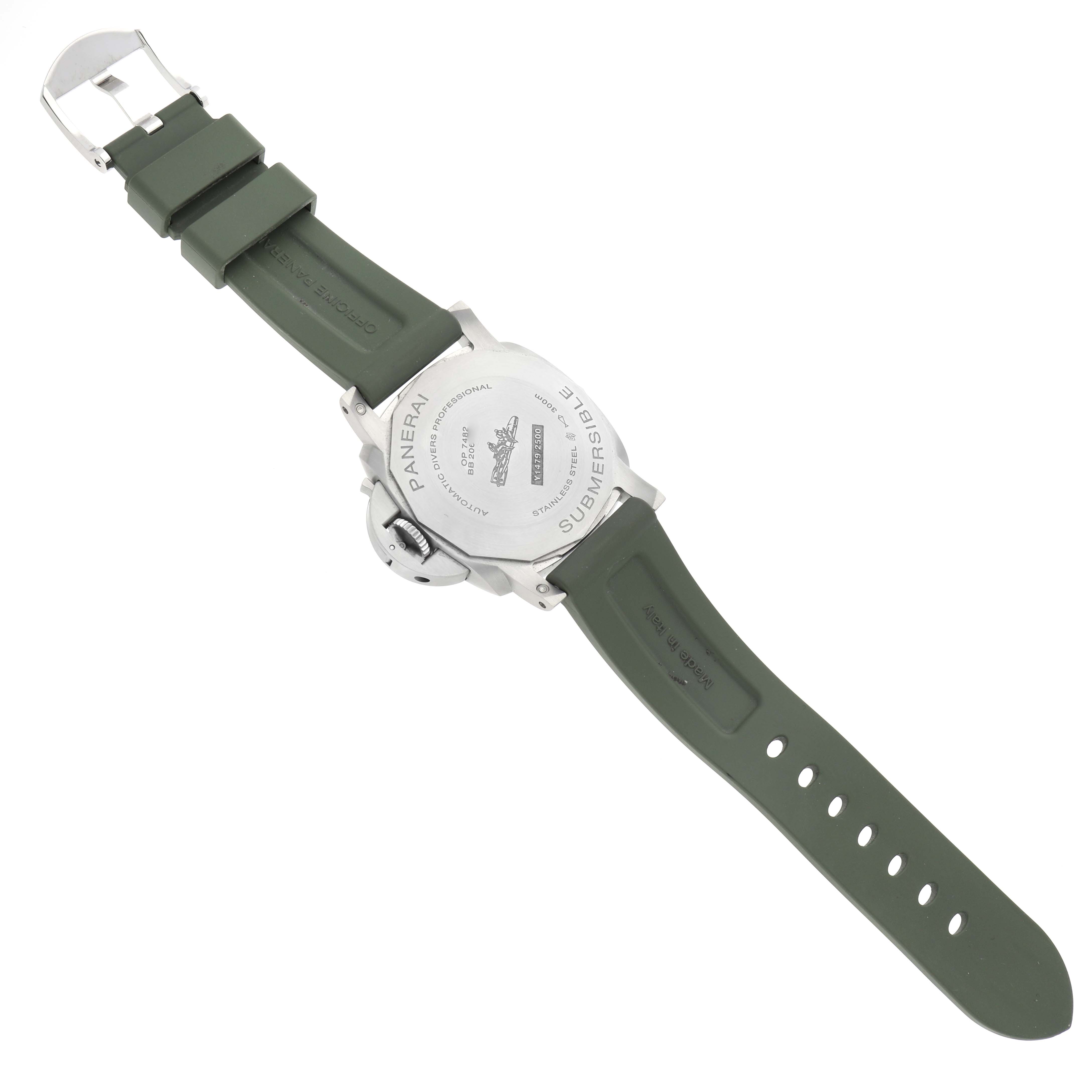 The image shows the back and strap of the Panerai Submersible PAM01226 Men
s Stainless Steel White Dial PAM01226 Men
s Stainless Steel White Dial watch, highlighting the case back and buckle.