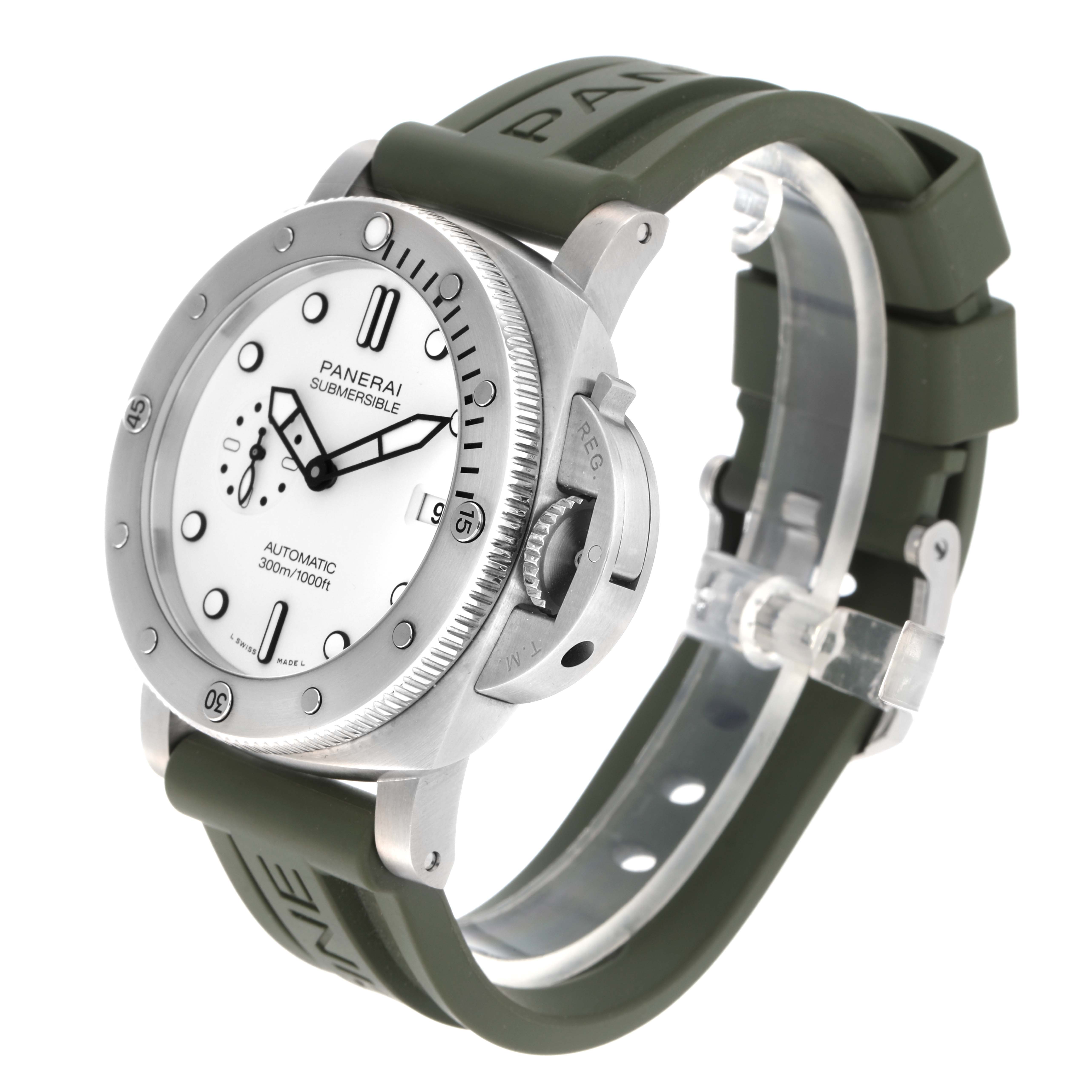 The Panerai Submersible PAM01226 Men
s Stainless Steel White Dial PAM01226 Men
s Stainless Steel White Dial watch is shown at a three-quarter angle, highlighting the bezel, dial, crown, and rubber strap.