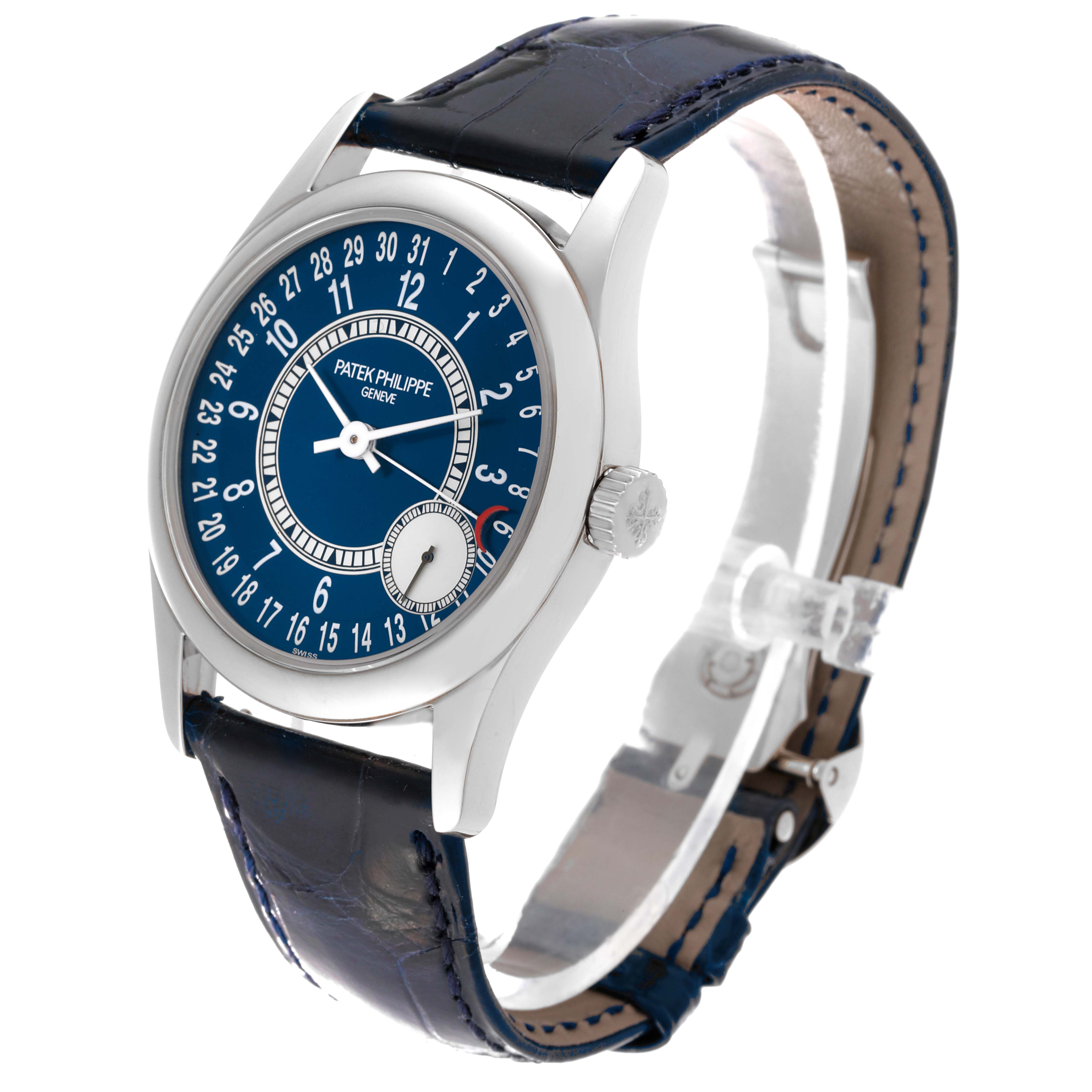 The image shows a side-angle view of the Patek Philippe Calatrava 6000G-012 Men's White Gold Blue Dial 6000G-012 Men's White Gold Blue Dial watch, featuring its face, case, crown, and leather strap.