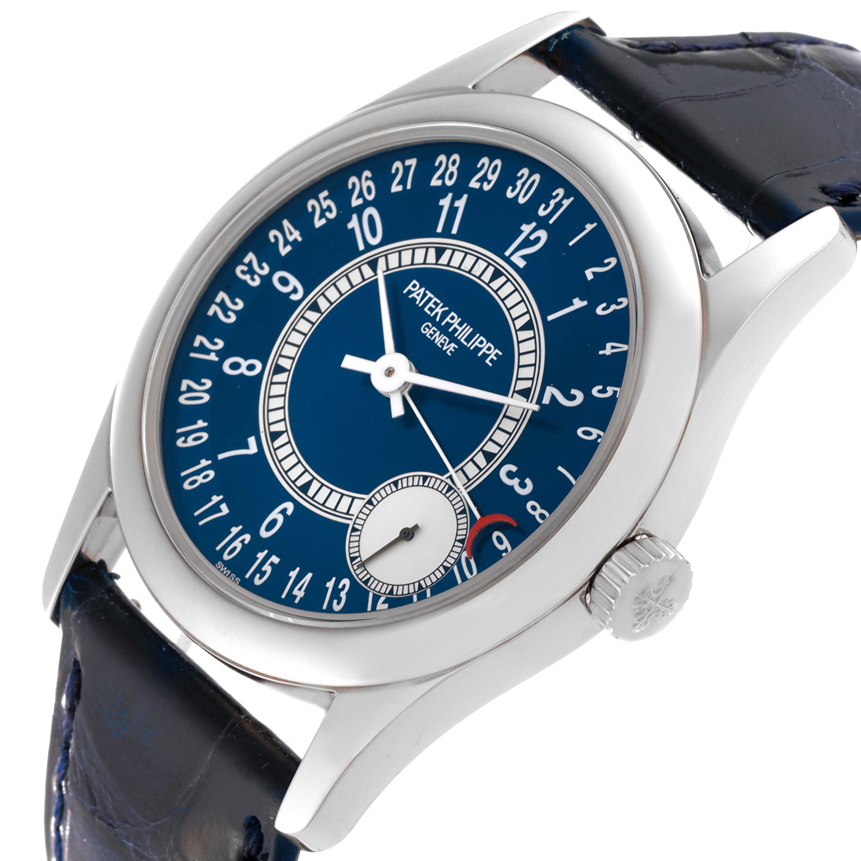 This image shows the face and strap of the Patek Philippe Calatrava 6000G-012 Men's White Gold Blue Dial 6000G-012 Men's White Gold Blue Dial watch at an angle, highlighting the dial and crown.