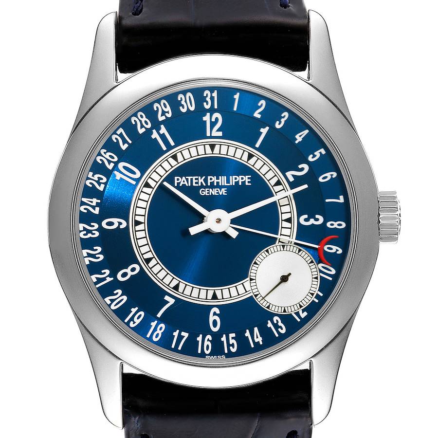 This image shows a front view of the Patek Philippe Calatrava watch, highlighting its blue dial and silver case.