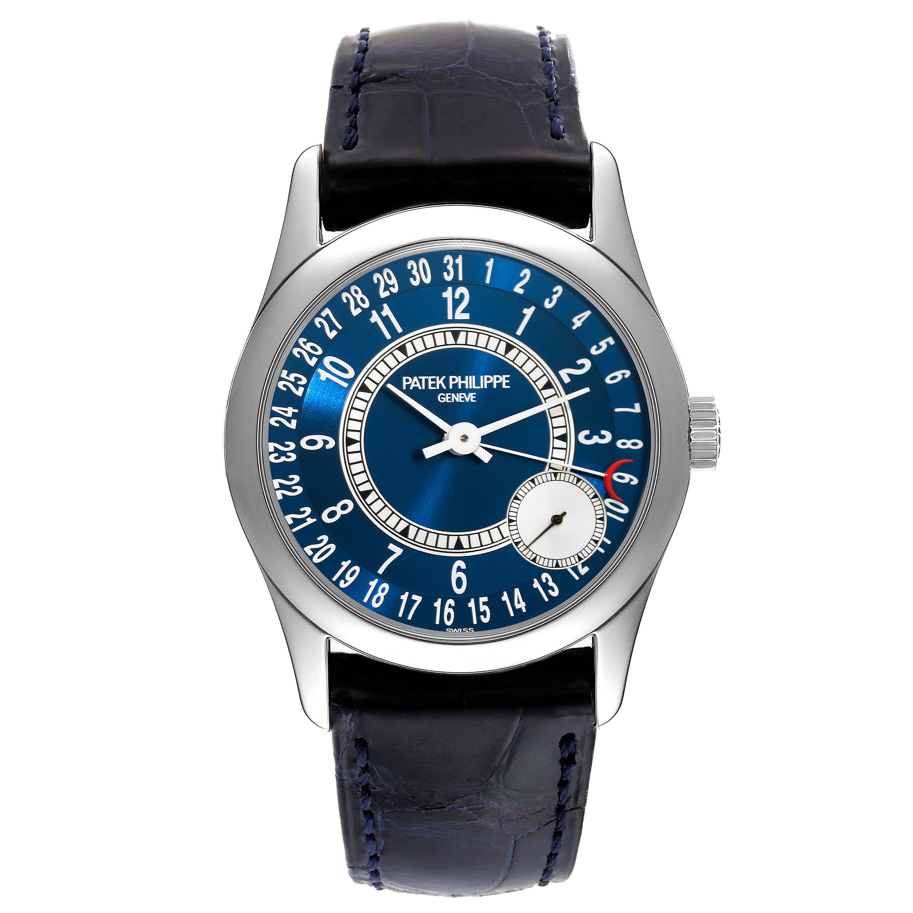 The image shows a front view of the Patek Philippe Calatrava 6000G-012 Men's White Gold Blue Dial 6000G-012 Men's White Gold Blue Dial watch, highlighting the dial, hands, markers, and leather strap.