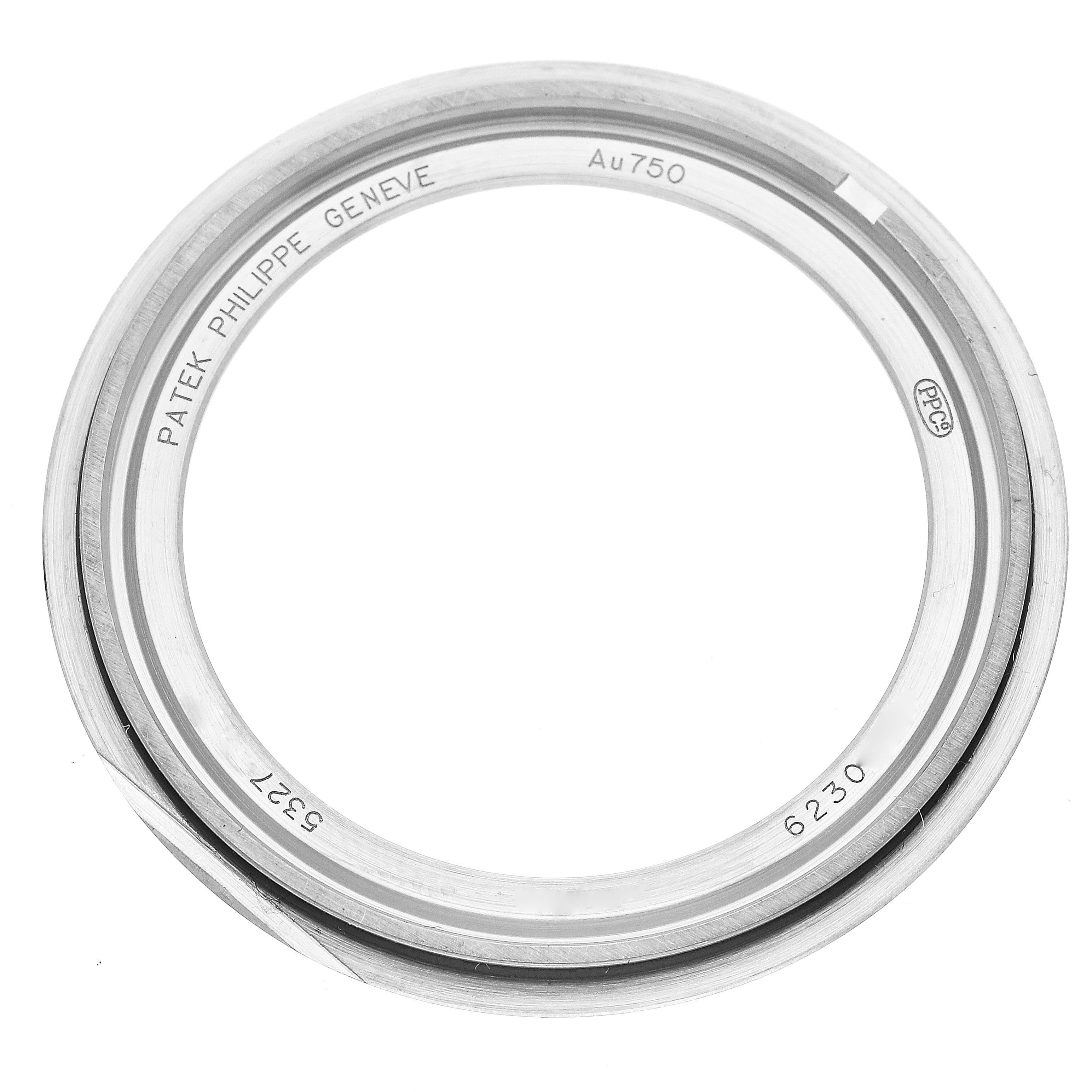 This image shows a close-up of the bezel for the Patek Philippe Complications 5327G-001 Men's White Gold Blue Dial 5327G-001 Men's White Gold Blue Dial model watch.