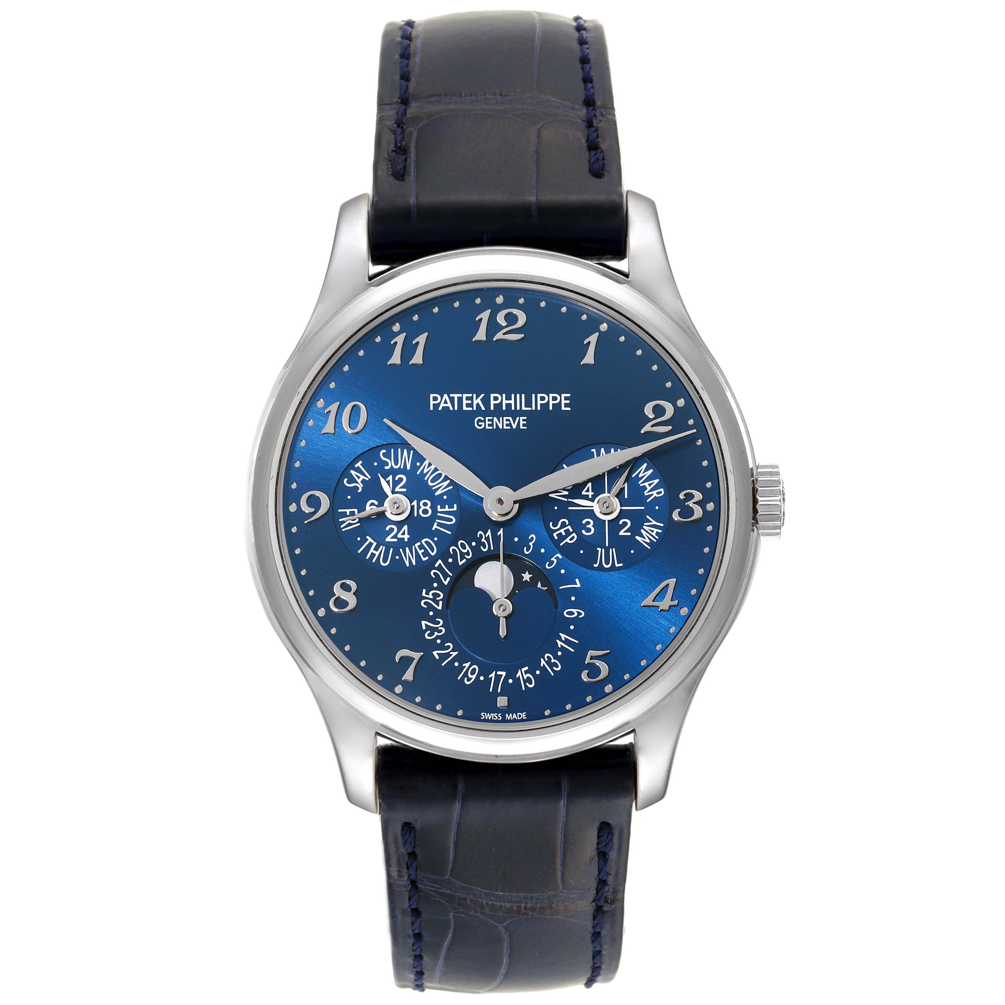 The image shows a front view of the Patek Philippe Complications 5327G-001 Men's White Gold Blue Dial 5327G-001 Men's White Gold Blue Dial model watch, featuring a blue dial with multiple subdials and a leather strap.