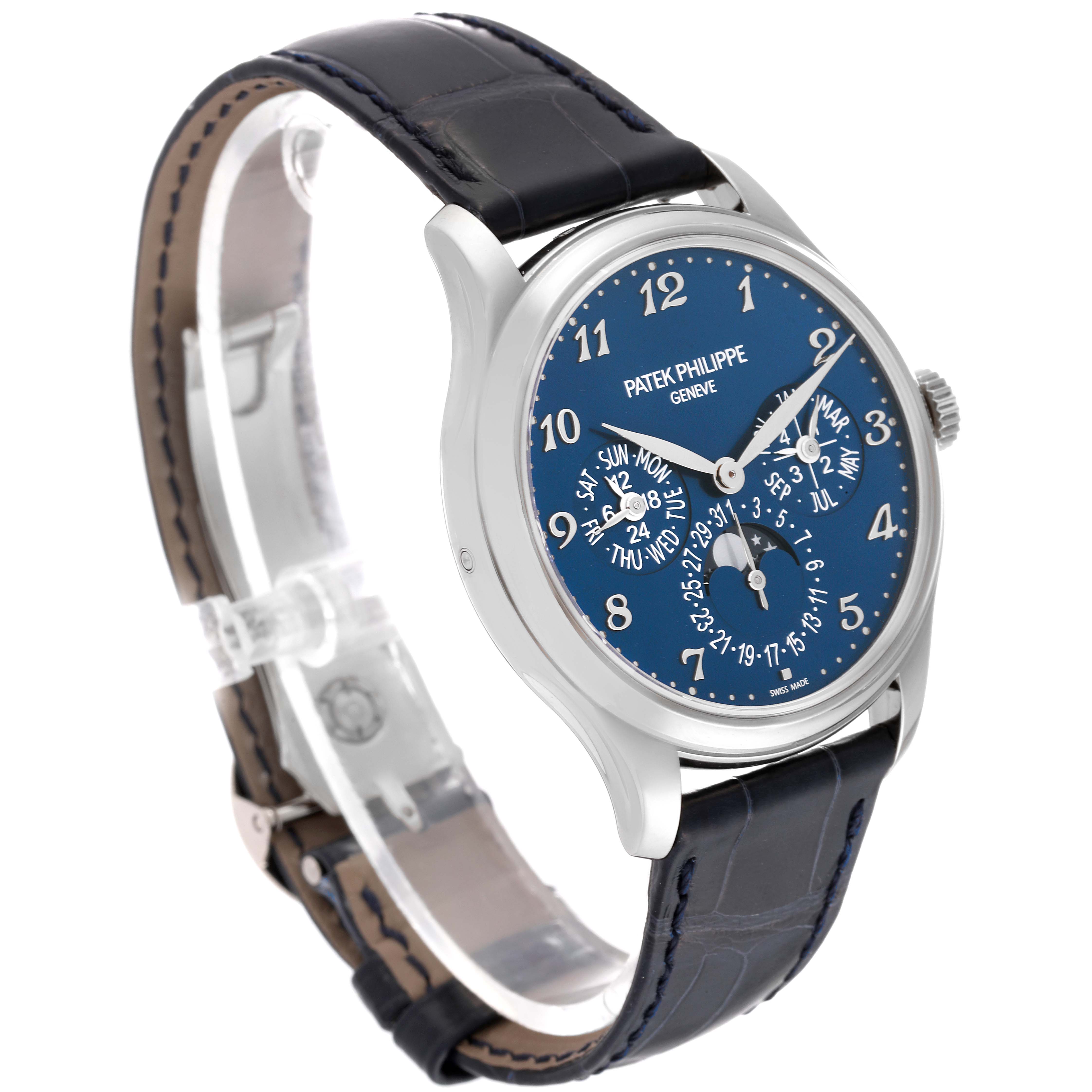 This image shows a Patek Philippe Complications 5327G-001 Men's White Gold Blue Dial 5327G-001 Men's White Gold Blue Dial watch at a three-quarter view, highlighting the dial and leather strap.