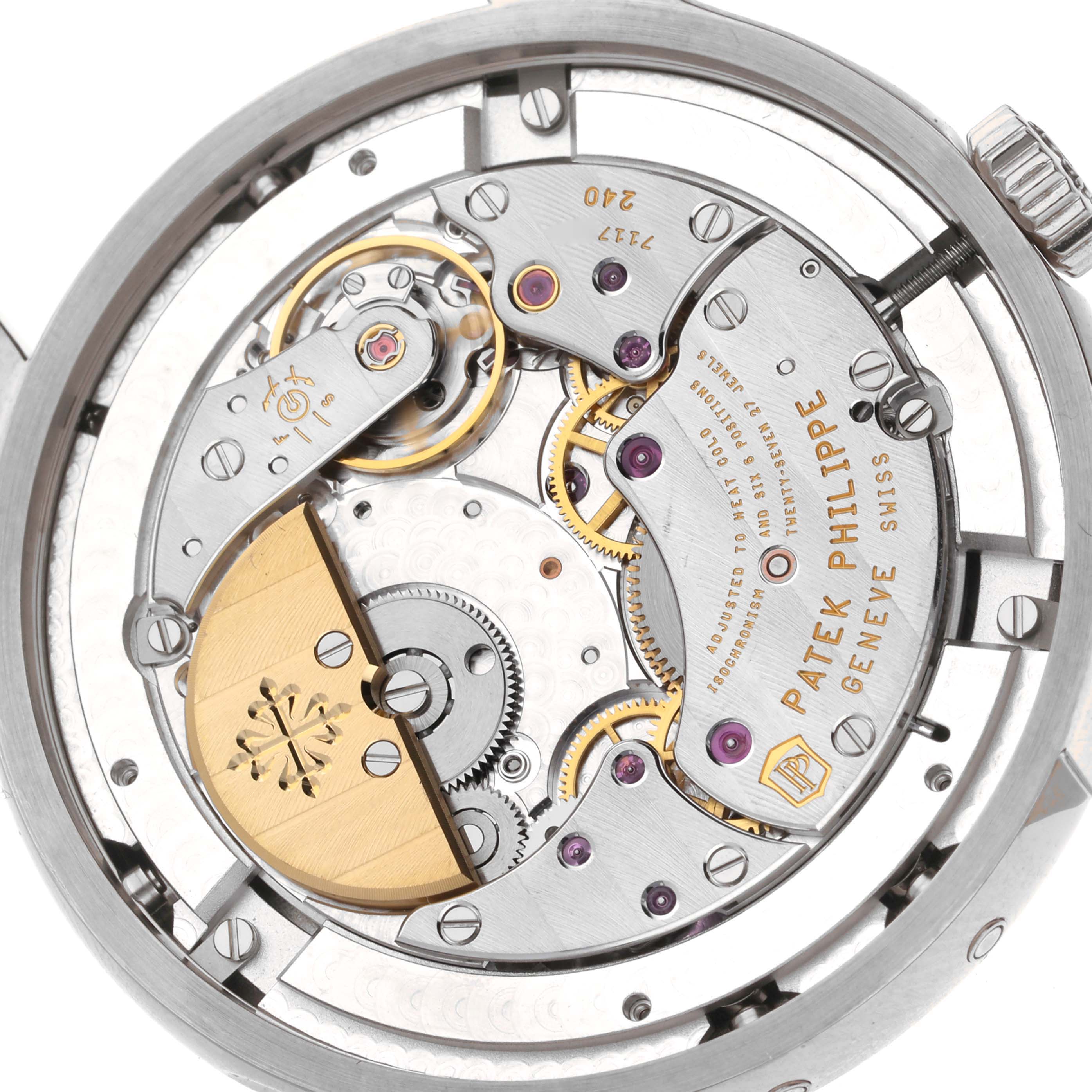 The image shows the back view of the Patek Philippe Complications 5327G-001 Men's White Gold Blue Dial 5327G-001 Men's White Gold Blue Dial model, highlighting its intricate movement mechanism.